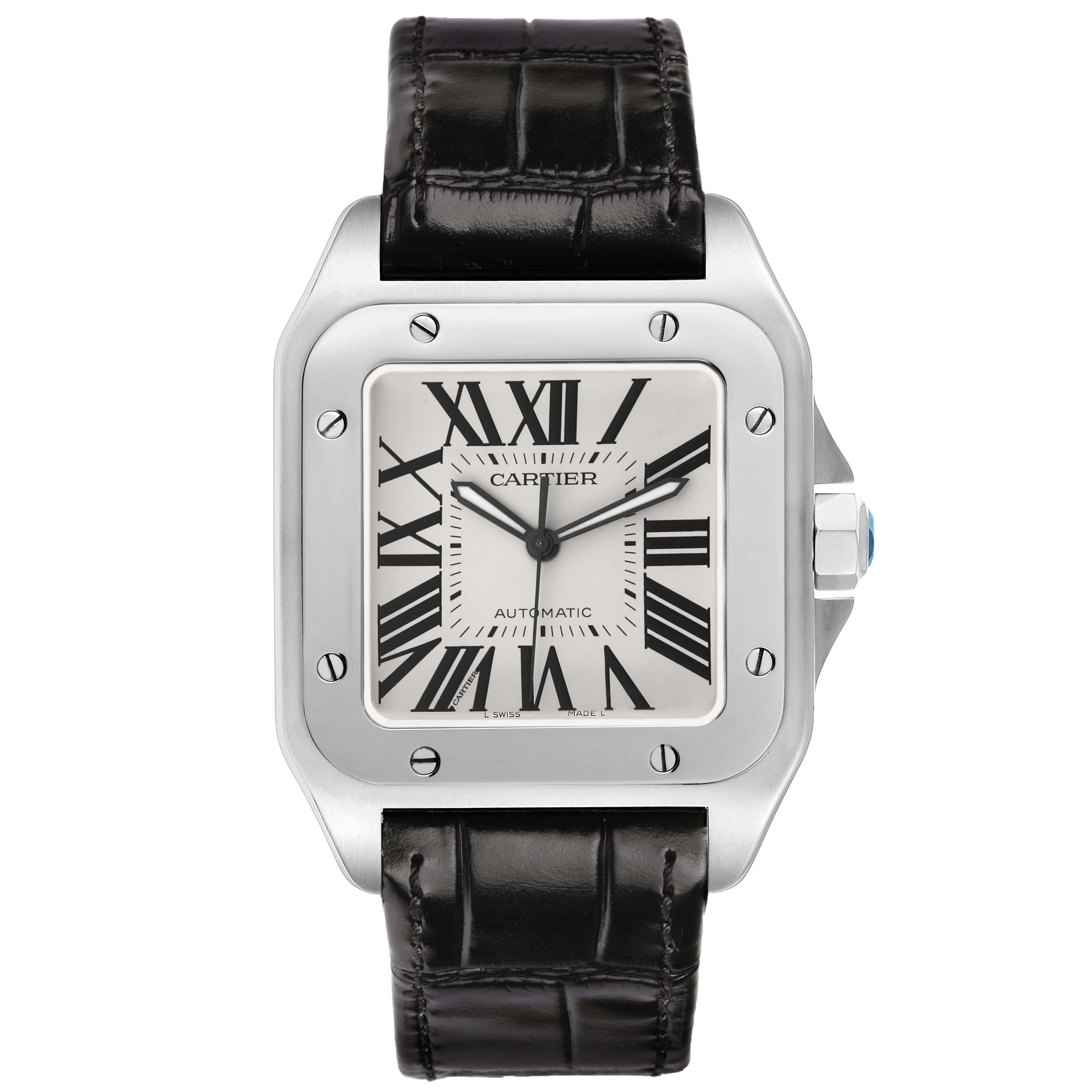 The Cartier Santos W20073X8 Men's Stainless Steel Silver Dial watch is shown from the front, displaying the face, bezel, crown, and leather strap.