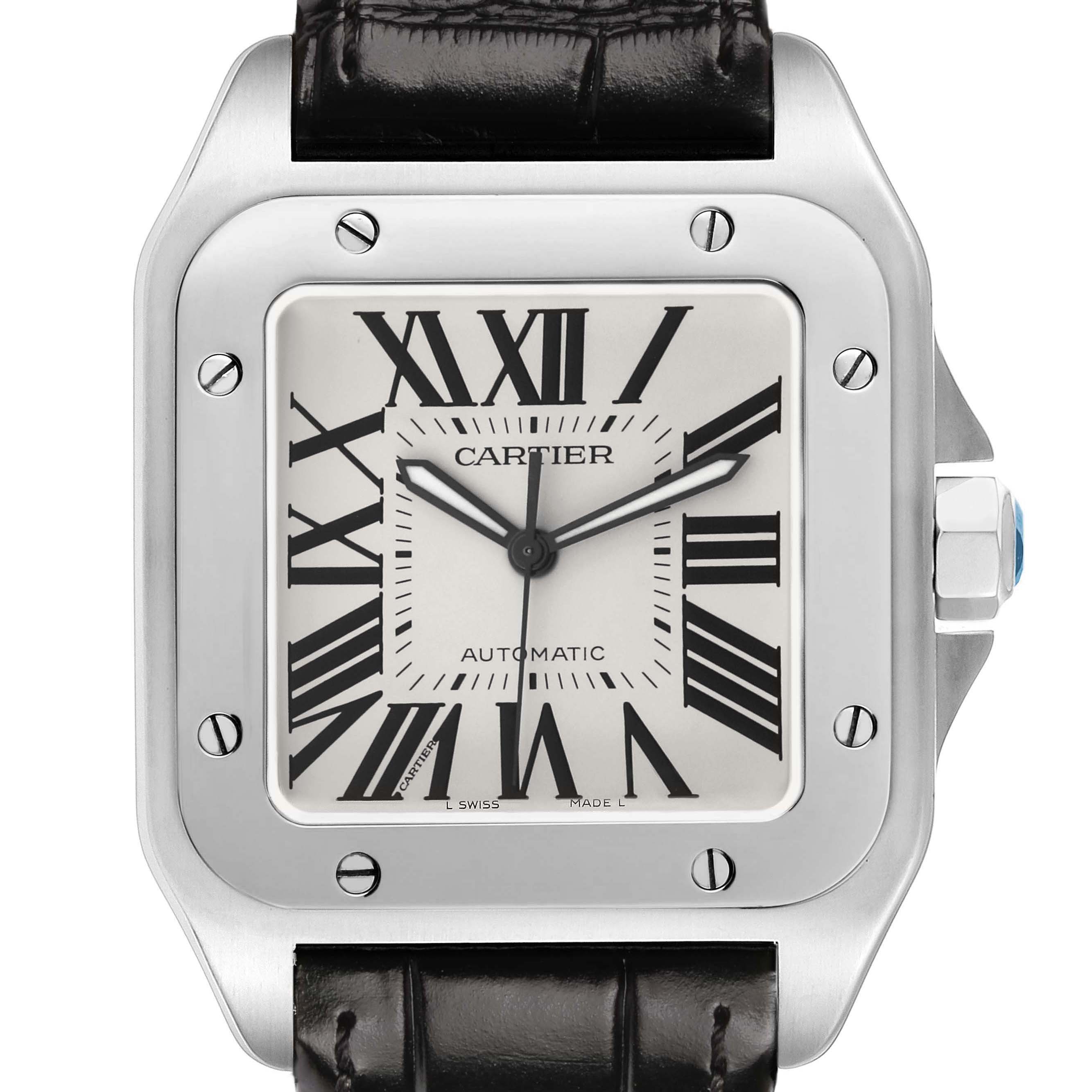 The Cartier Santos W20073X8 Men's Stainless Steel Silver Dial watch is shown from a front angle, highlighting the dial, bezel, and part of the strap.