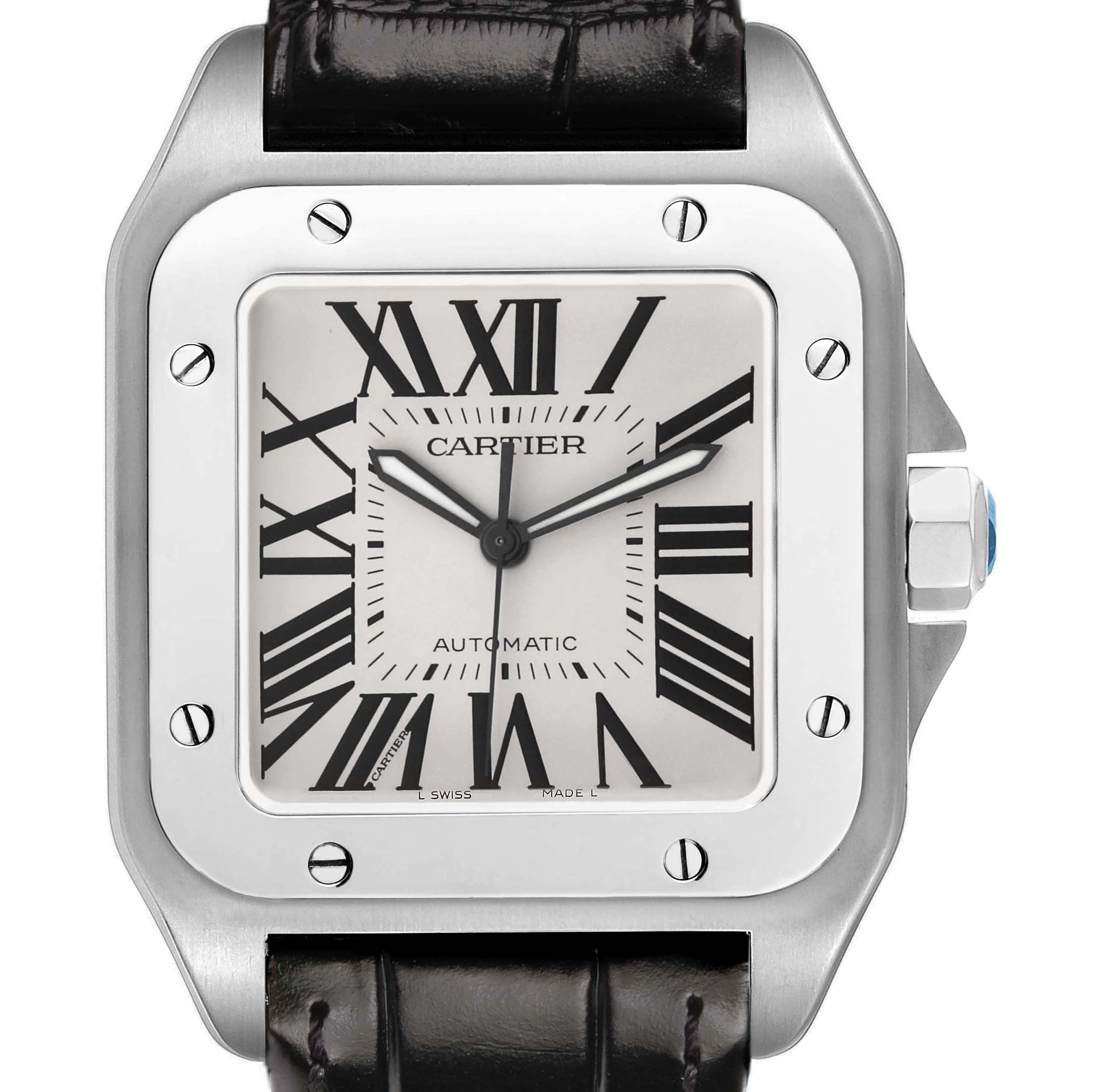 The Cartier Santos W20073X8 Men's Stainless Steel Silver Dial watch is shown from the front, highlighting the face, roman numerals, and crown with a blue cabochon.