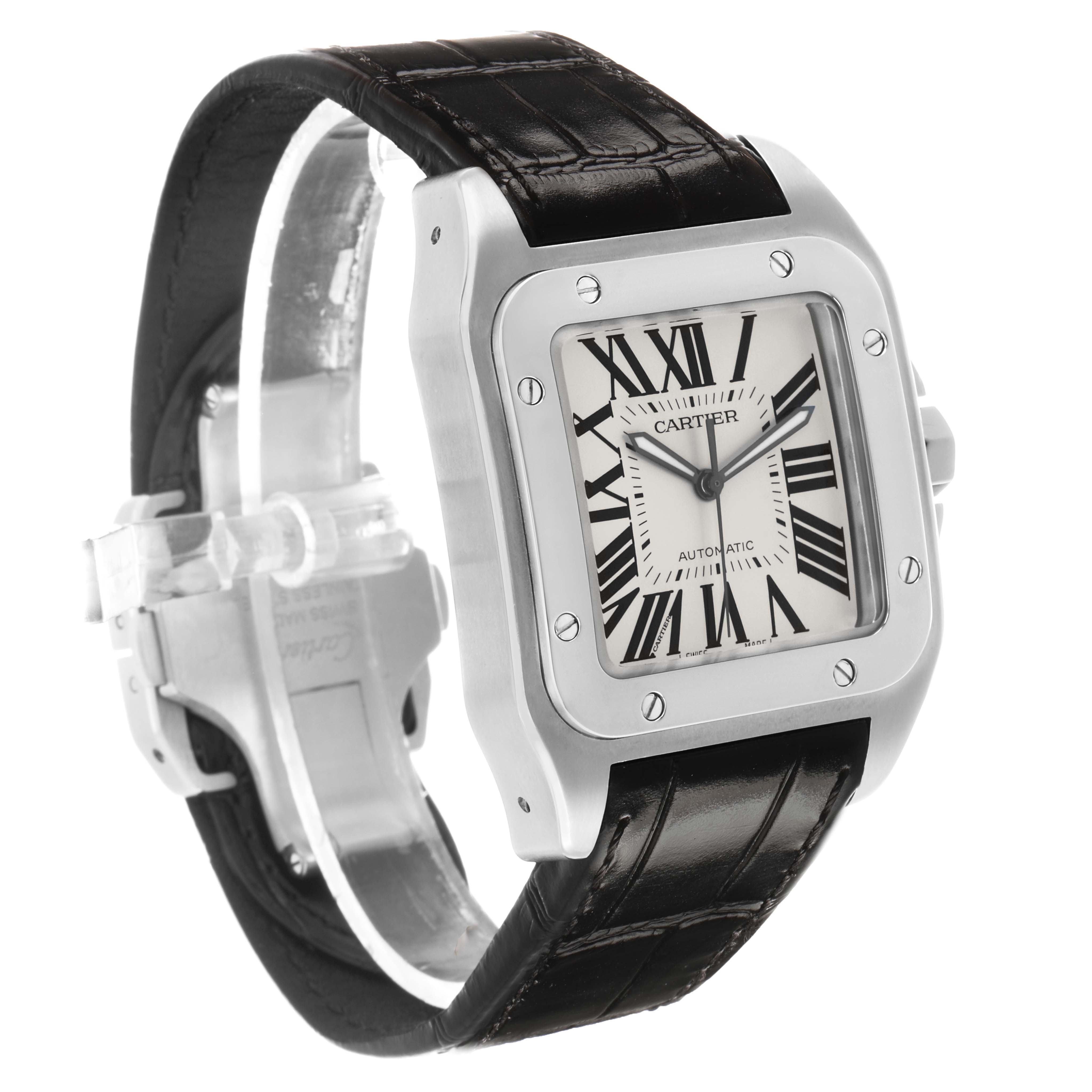 The Cartier Santos W20073X8 Men's Stainless Steel Silver Dial watch is angled to show the face, bezel, case, and part of the strap with visible clasp.