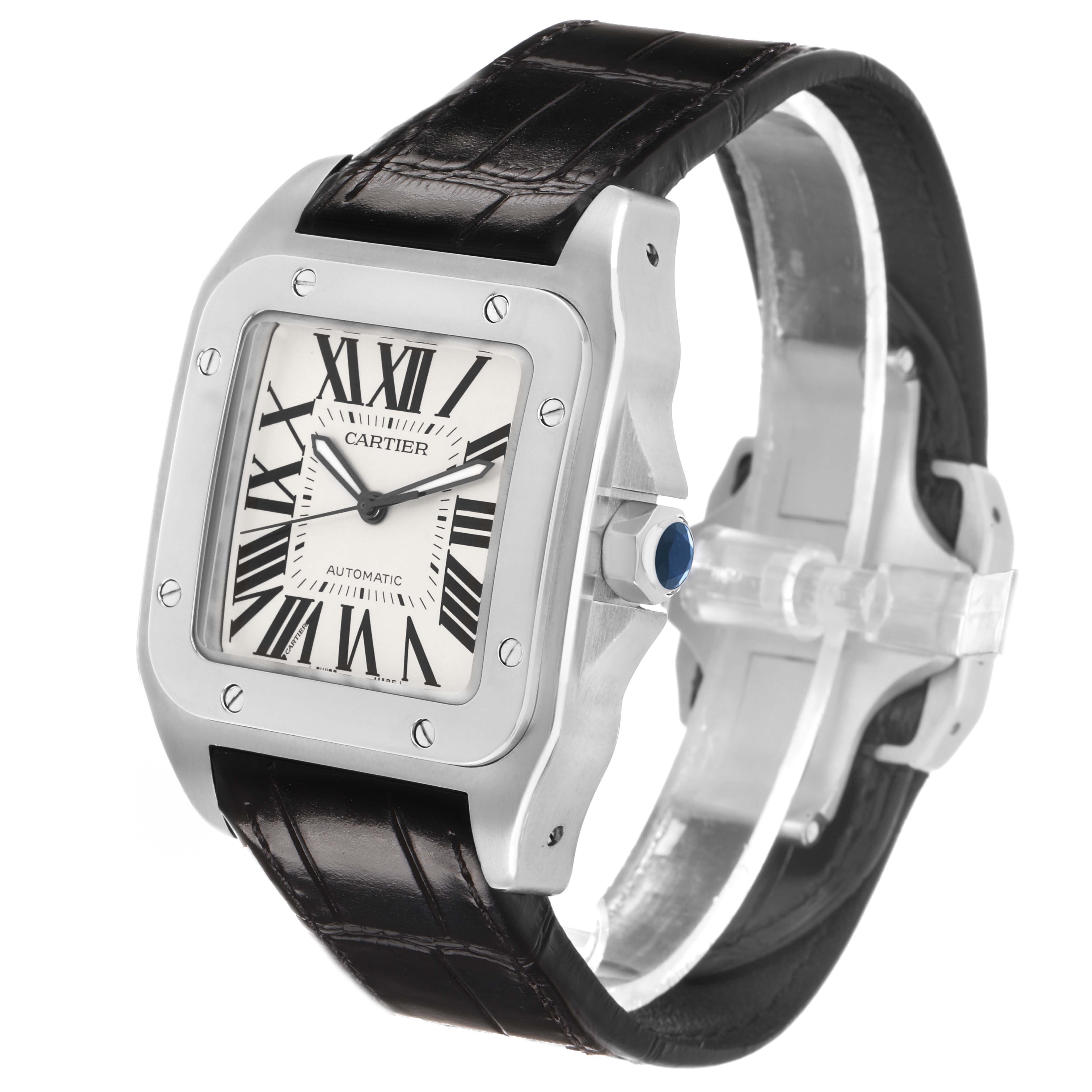 The Cartier Santos W20073X8 Men's Stainless Steel Silver Dial watch is shown at a three-quarter angle, highlighting the bezel, dial, Roman numerals, and leather strap.
