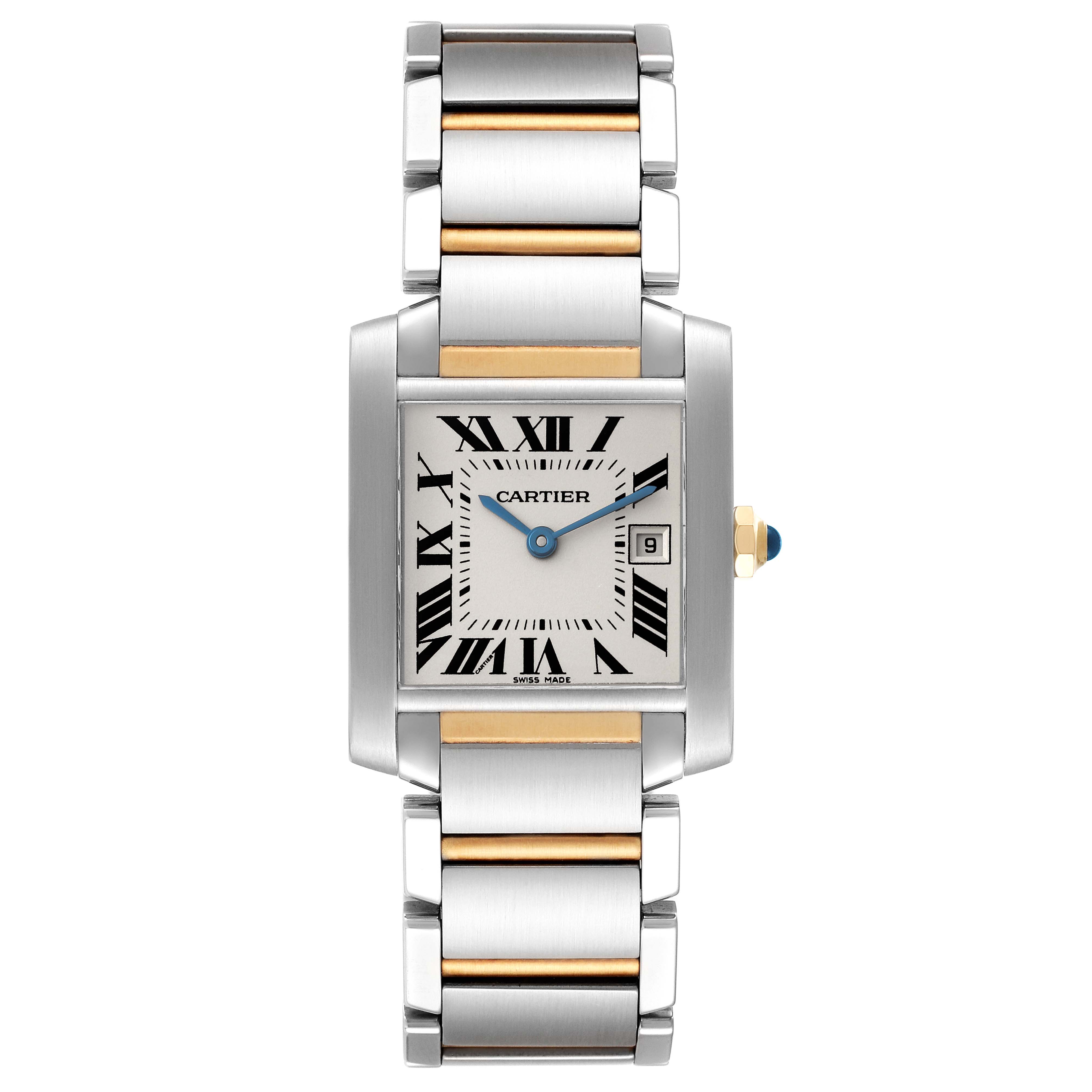 This Tank Francaise watch by Cartier is shown from the front, displaying its face, bracelet, and blue hands.