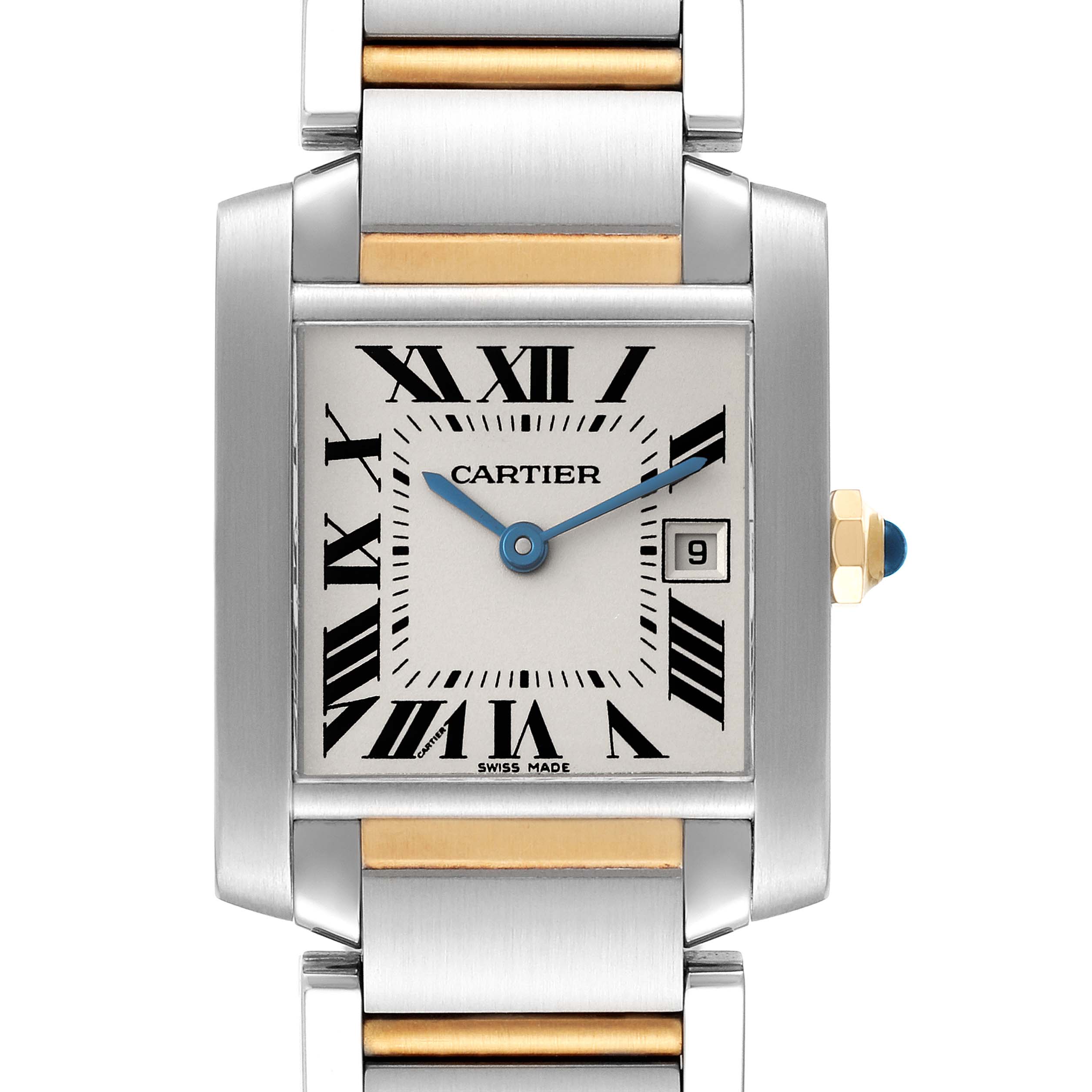 This image shows a Cartier Tank Francaise W51012Q4 Women
s Steel and Gold (two tone) Silver Dial W51012Q4 Women
s Steel and Gold (two tone) Silver Dial watch from a front angle, highlighting its face, bezel, and part of the bracelet.
