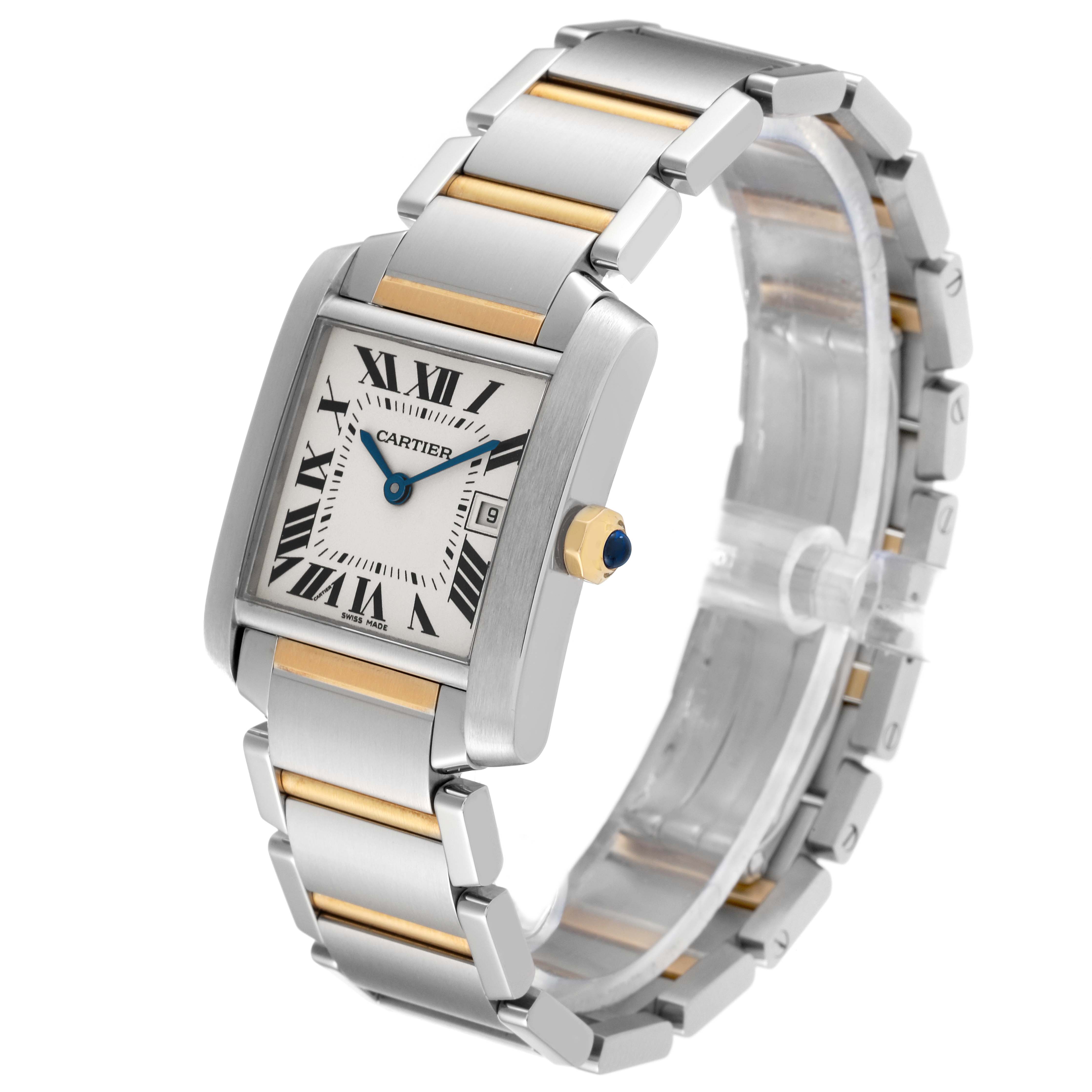 The image displays a Cartier Tank Francaise W51012Q4 Women
s Steel and Gold (two tone) Silver Dial W51012Q4 Women
s Steel and Gold (two tone) Silver Dial watch at a 3/4 angle, highlighting its face, bezel, crown, and bracelet.