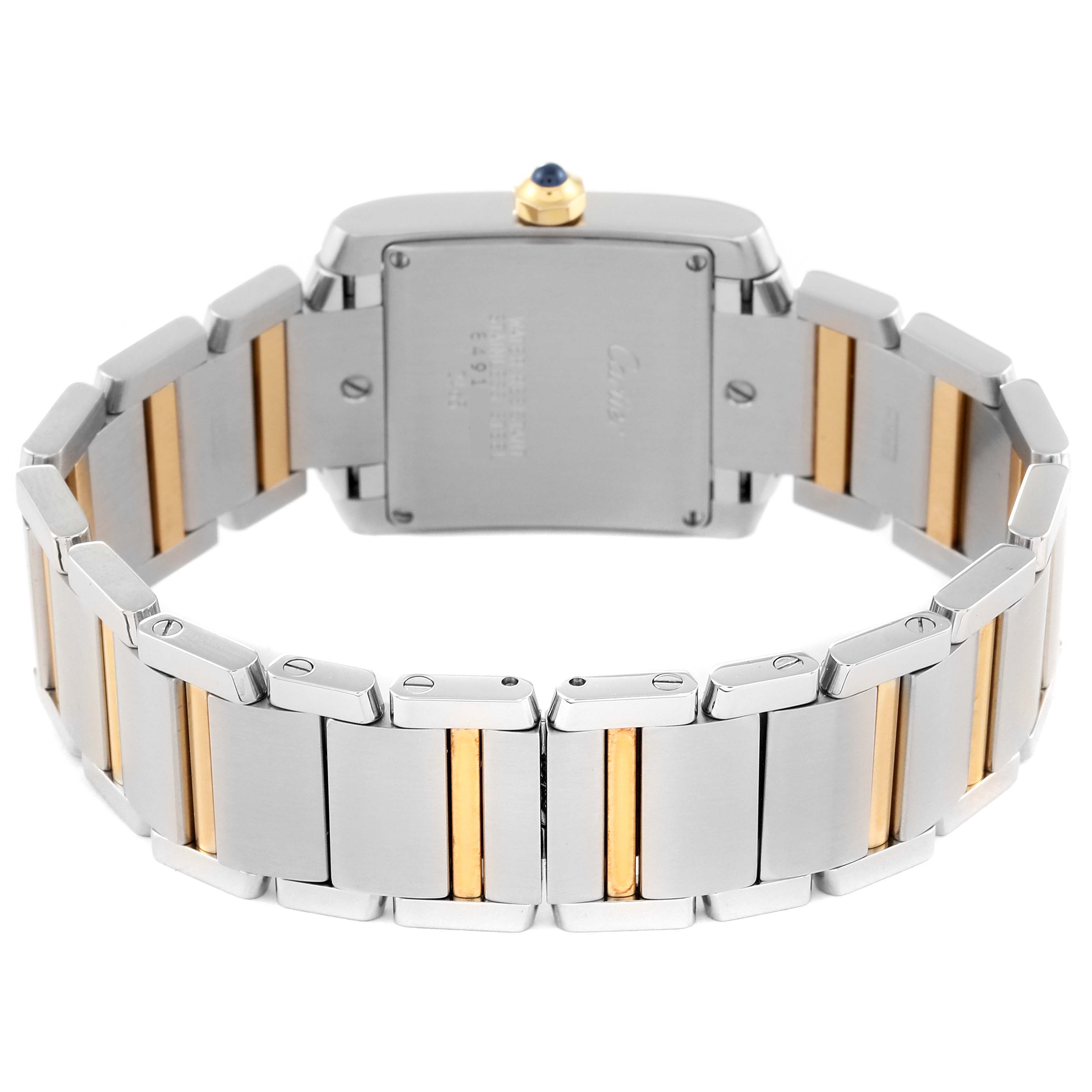 This image shows the back view of the case and the bracelet of the Cartier Tank Francaise W51012Q4 Women
s Steel and Gold (two tone) Silver Dial W51012Q4 Women
s Steel and Gold (two tone) Silver Dial watch.