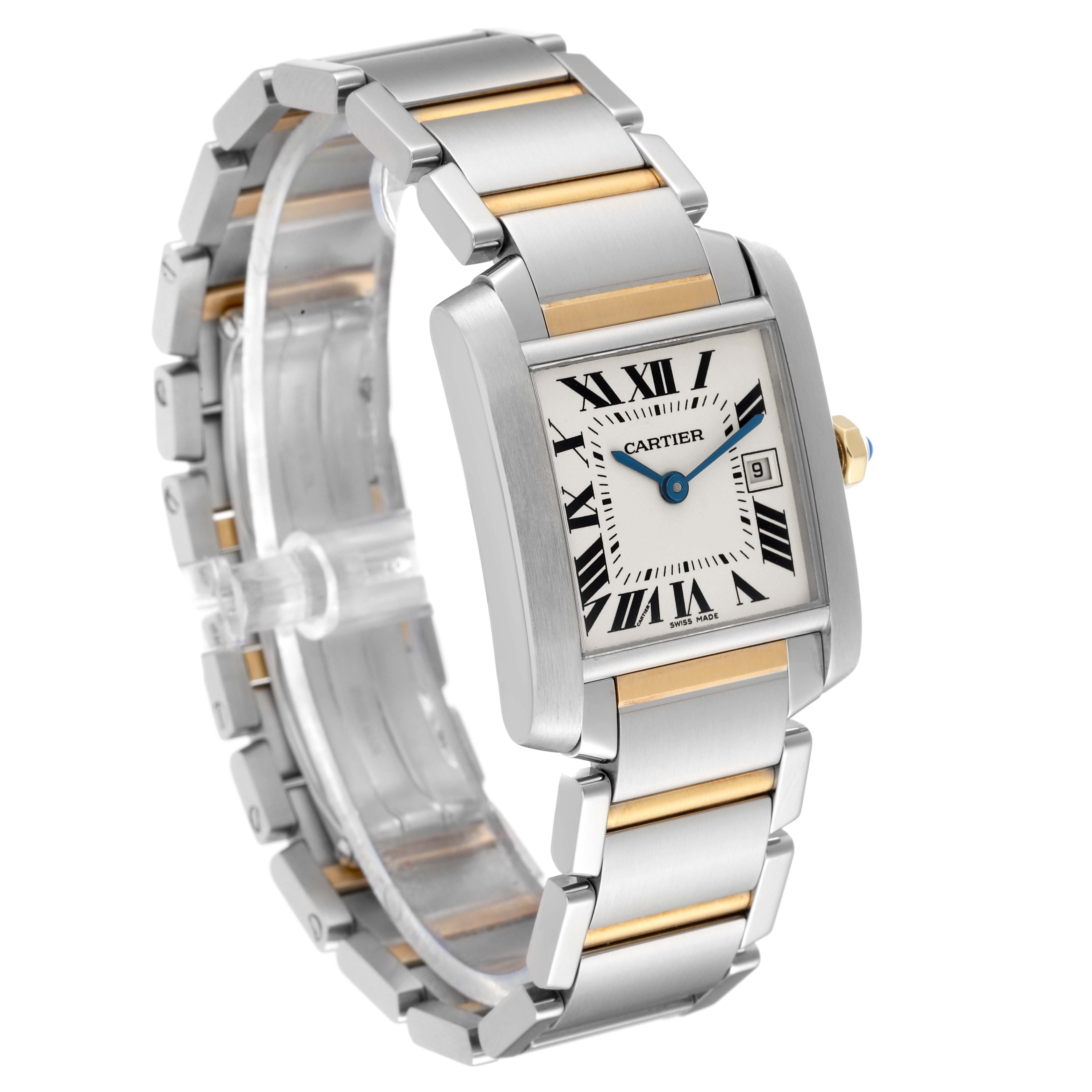 The Cartier Tank Francaise W51012Q4 Women
s Steel and Gold (two tone) Silver Dial W51012Q4 Women
s Steel and Gold (two tone) Silver Dial watch is shown at a three-quarter angle, highlighting its rectangular face, Roman numeral dial, and dual-tone bracelet.