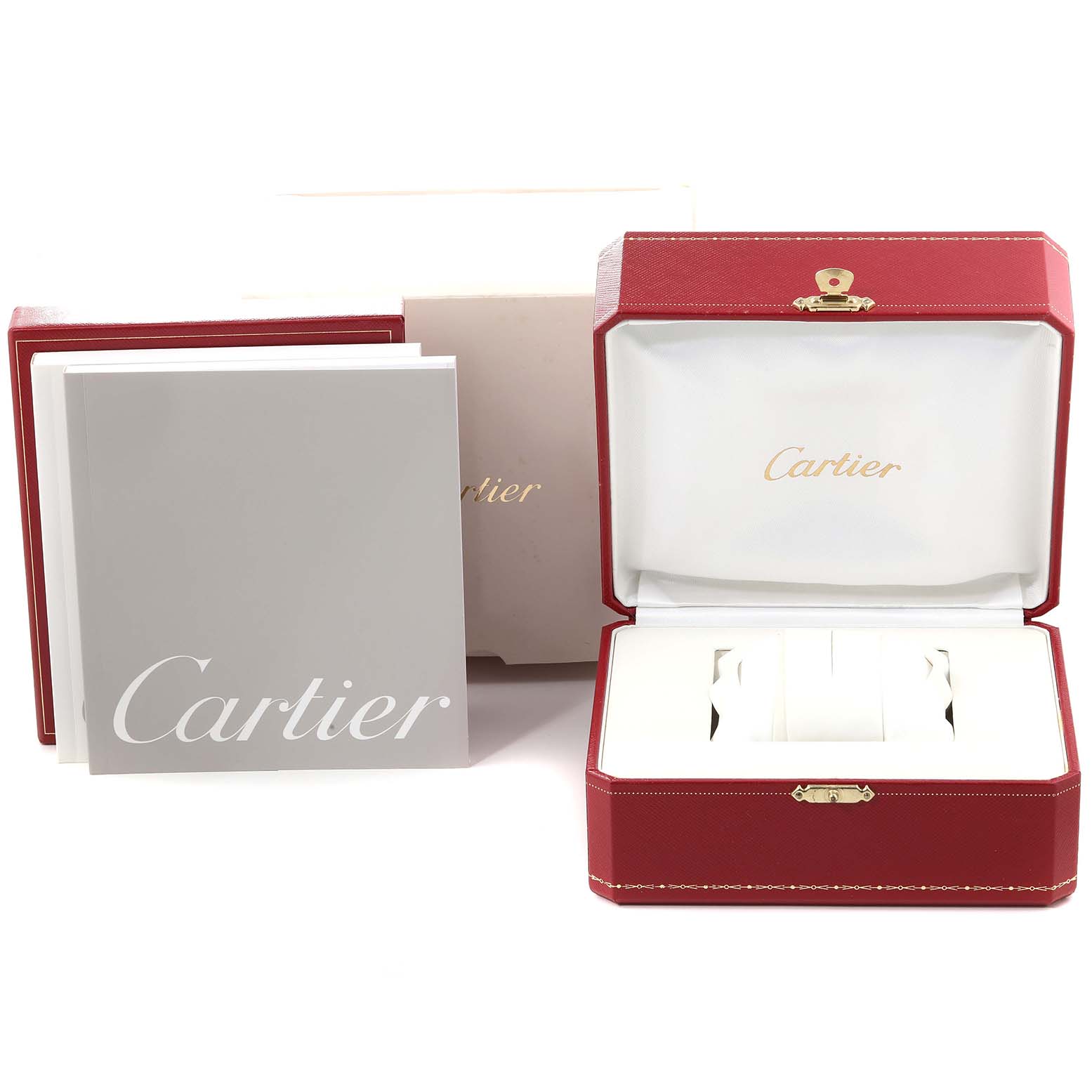 The image shows packaging accessories for a Cartier Tank Française watch, including a red open box, booklets, and an outer box.
