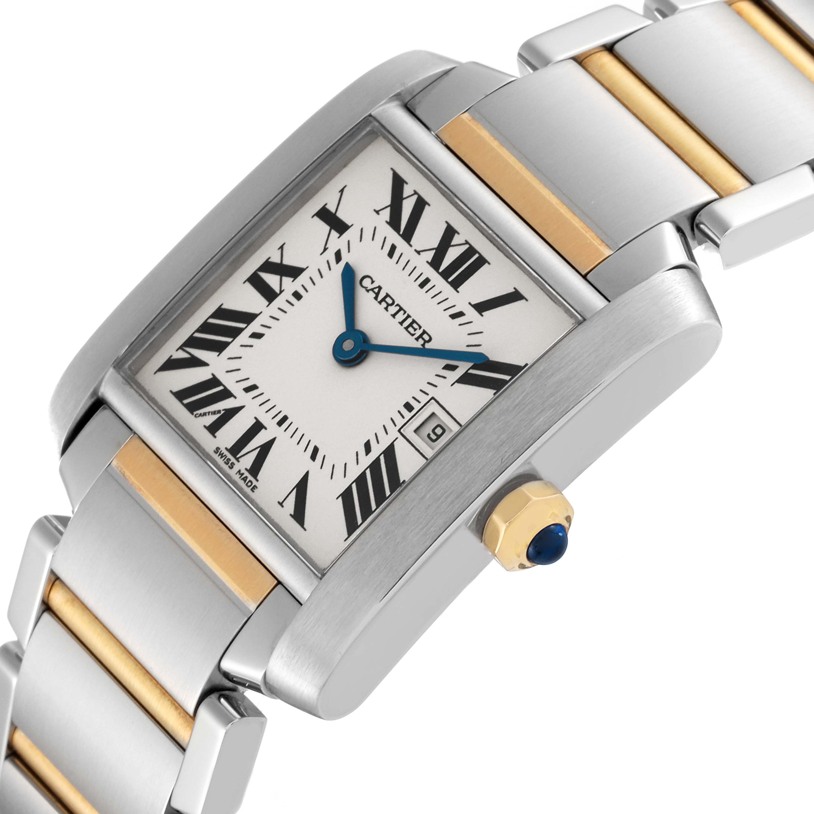The image shows a close-up of a Tank Francaise watch by Cartier from an angled view, highlighting its face, crown, and part of the bracelet.