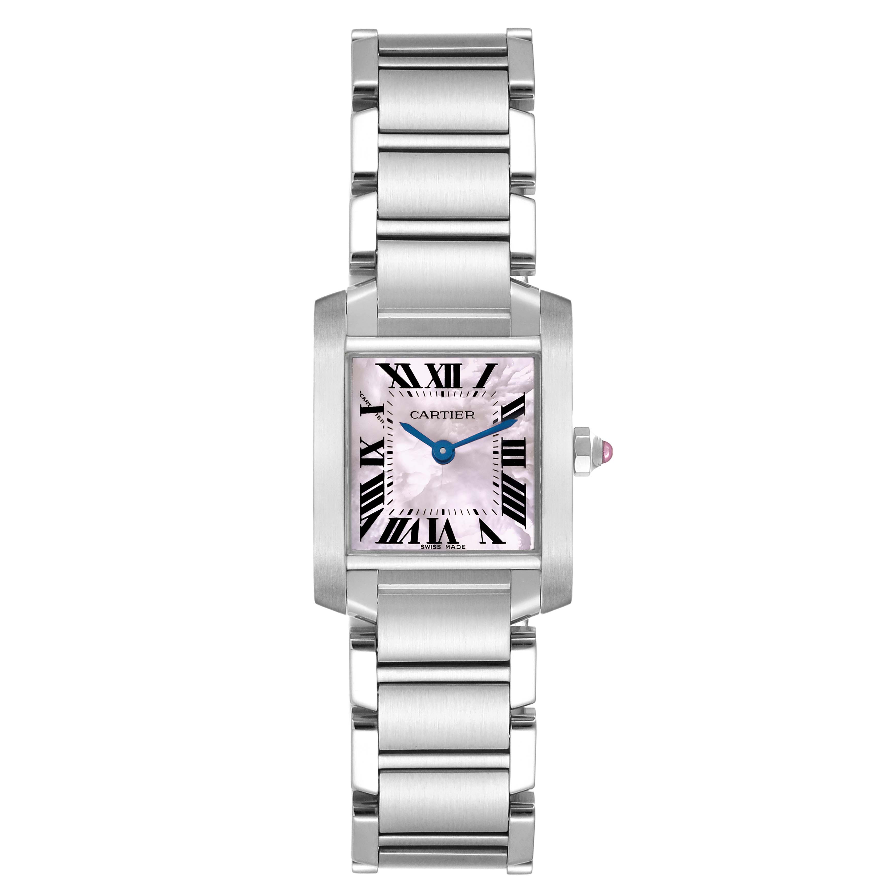 The Cartier Tank Française watch is shown from the front, displaying the face and stainless steel bracelet.