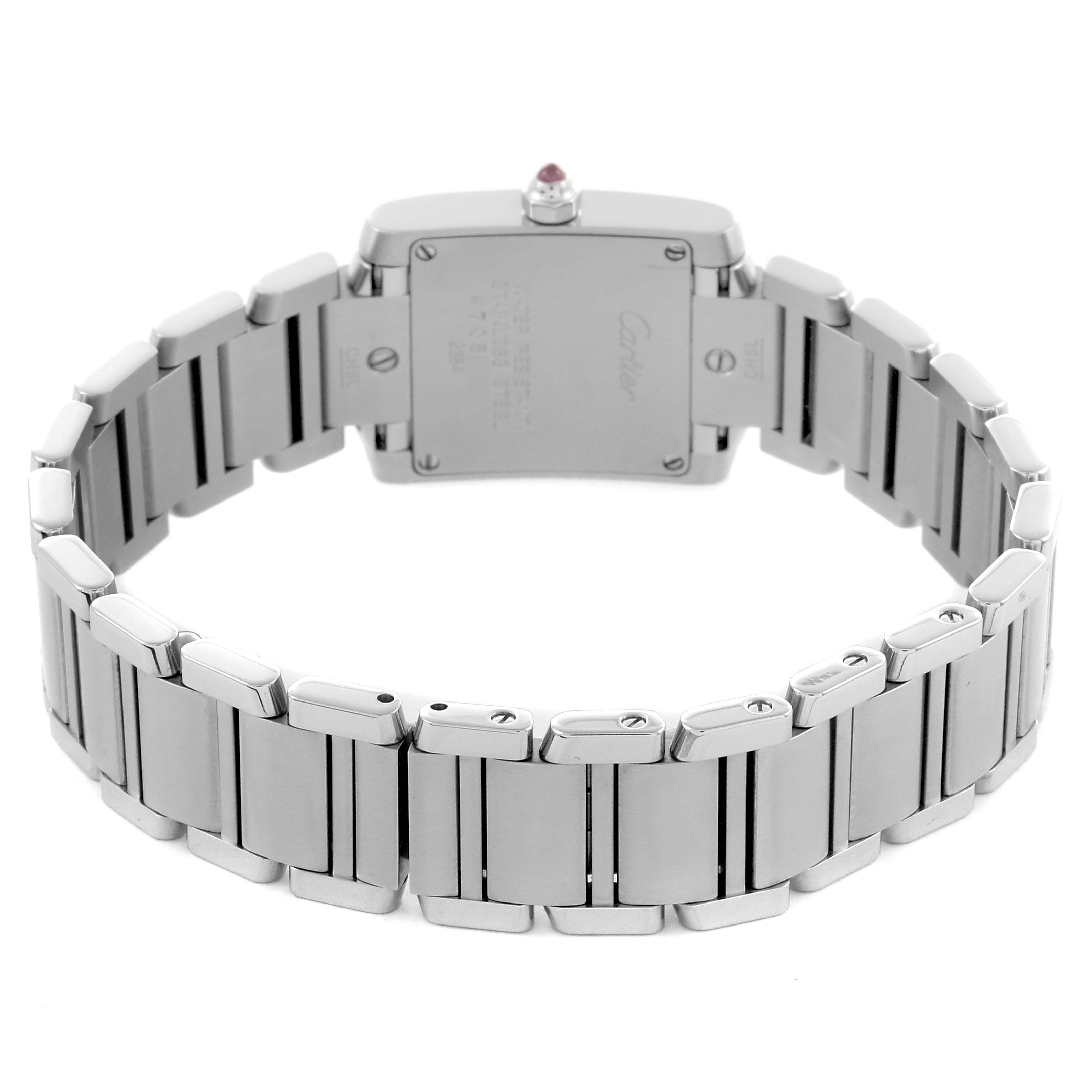 The image shows the back view of the Cartier Tank Française, highlighting its case back and bracelet.