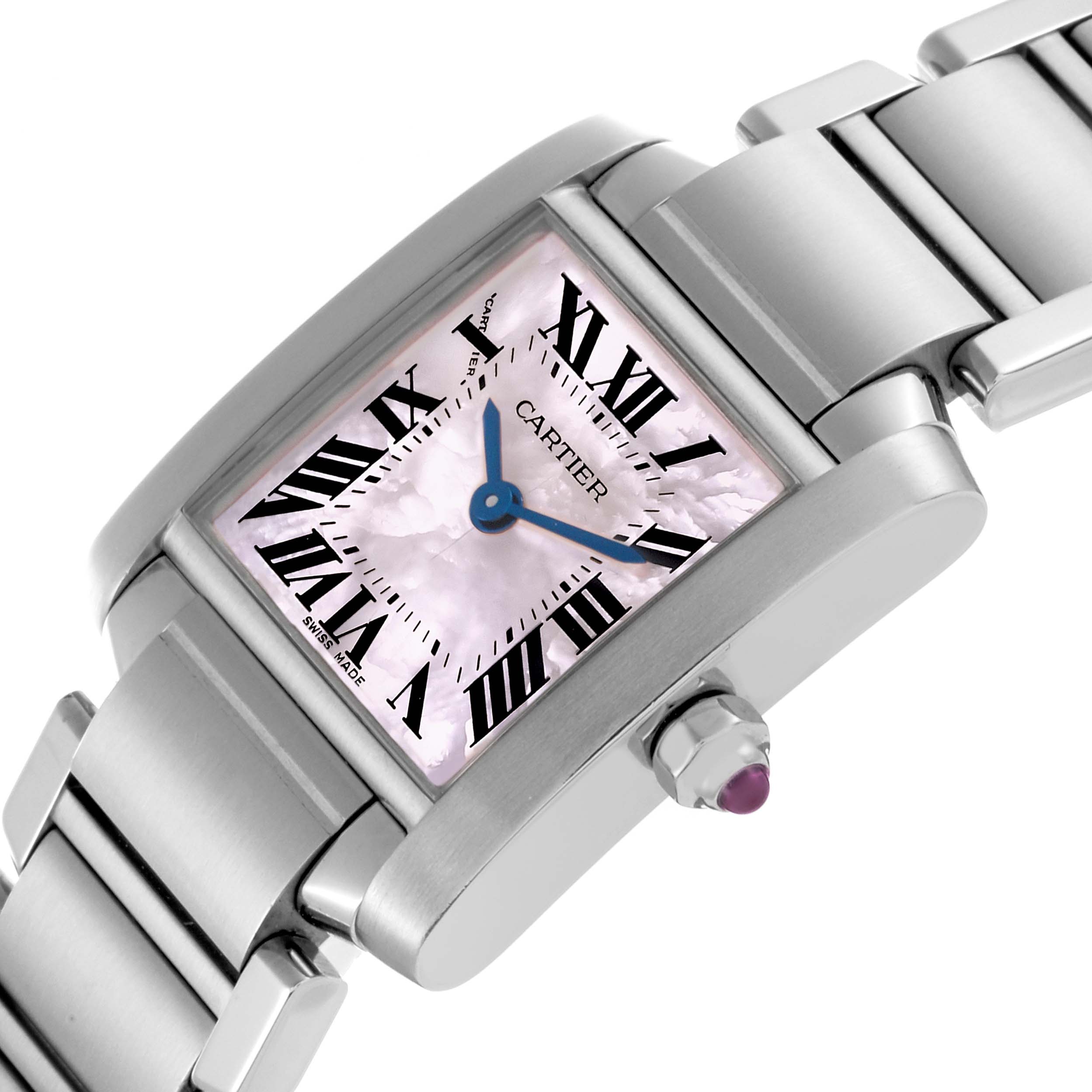 The Cartier Tank Française watch is shown at an angled view, highlighting the dial, crown, and part of the bracelet.