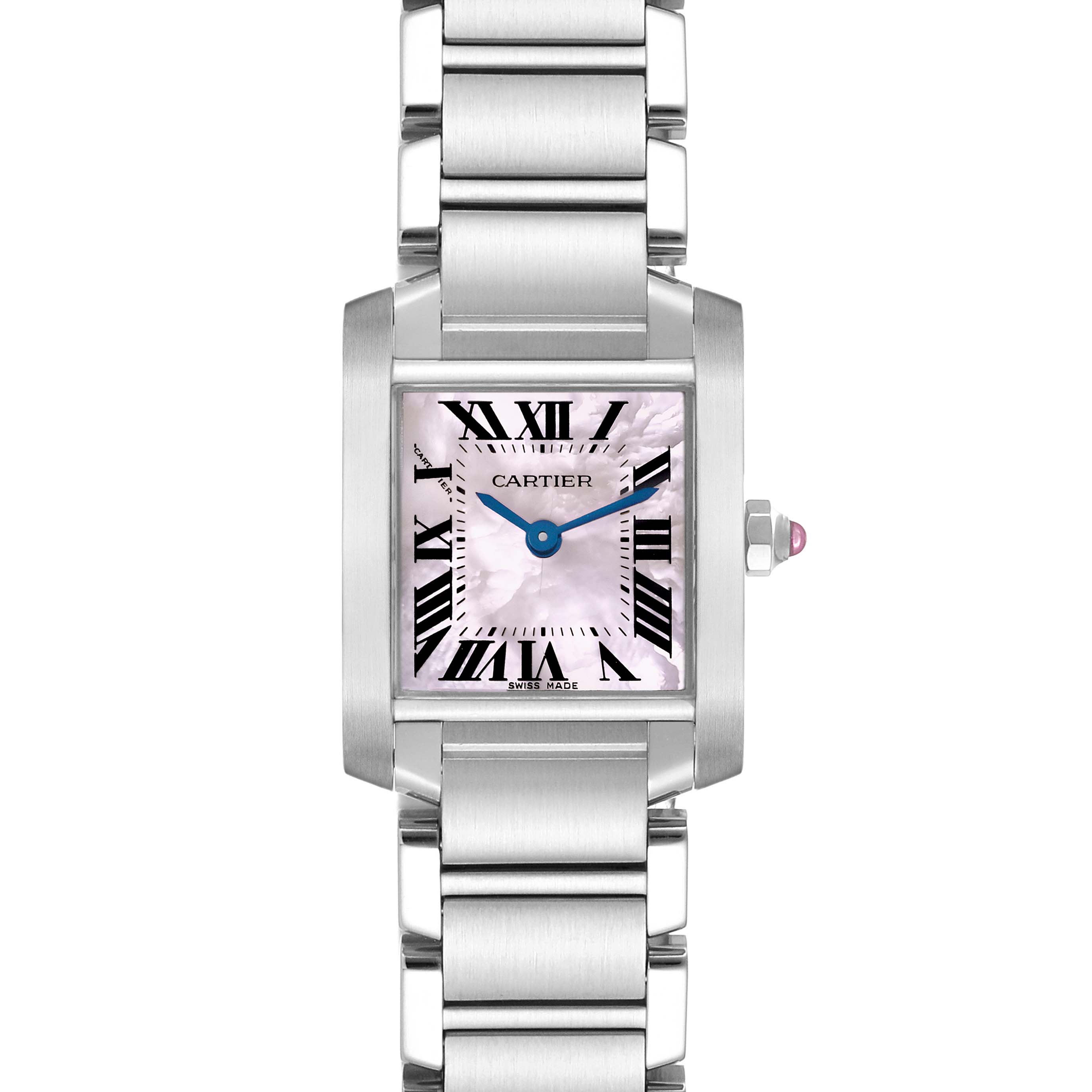 The Cartier Tank Francaise W51028Q3 Women
s Stainless Steel Mother of Pearl Dial W51028Q3 Women
s Stainless Steel Mother of Pearl Dial watch is shown from a frontal angle, highlighting the rectangular case and metal bracelet.