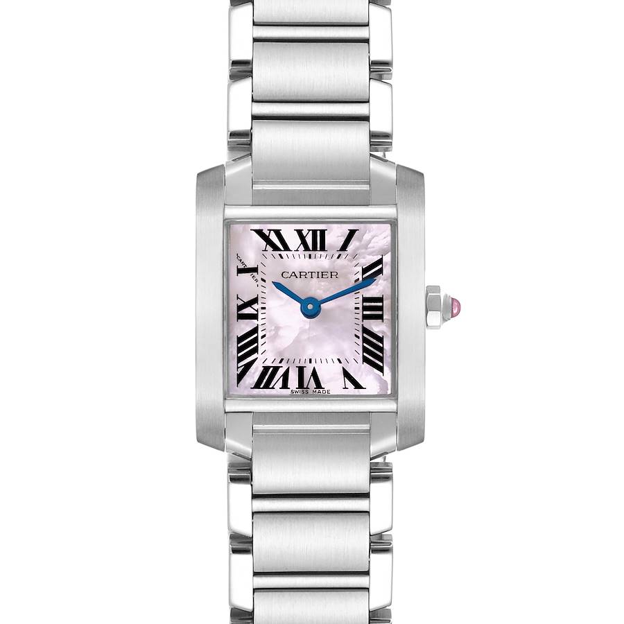 The Cartier Tank Francaise watch is shown from a frontal angle, highlighting the rectangular case and metal bracelet.