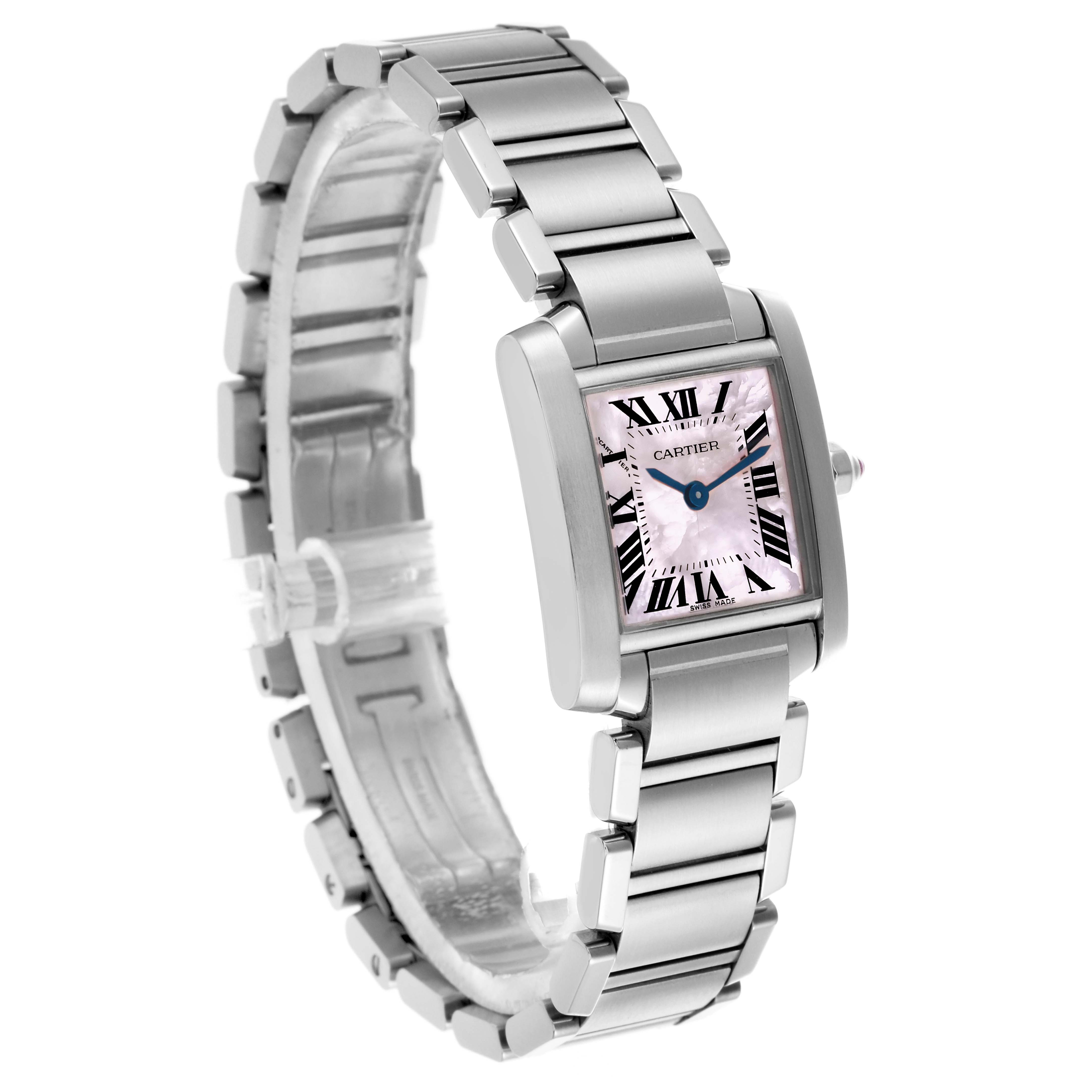 The Cartier Tank Française watch is shown at a slight angle, highlighting the face, bracelet, and side profile.