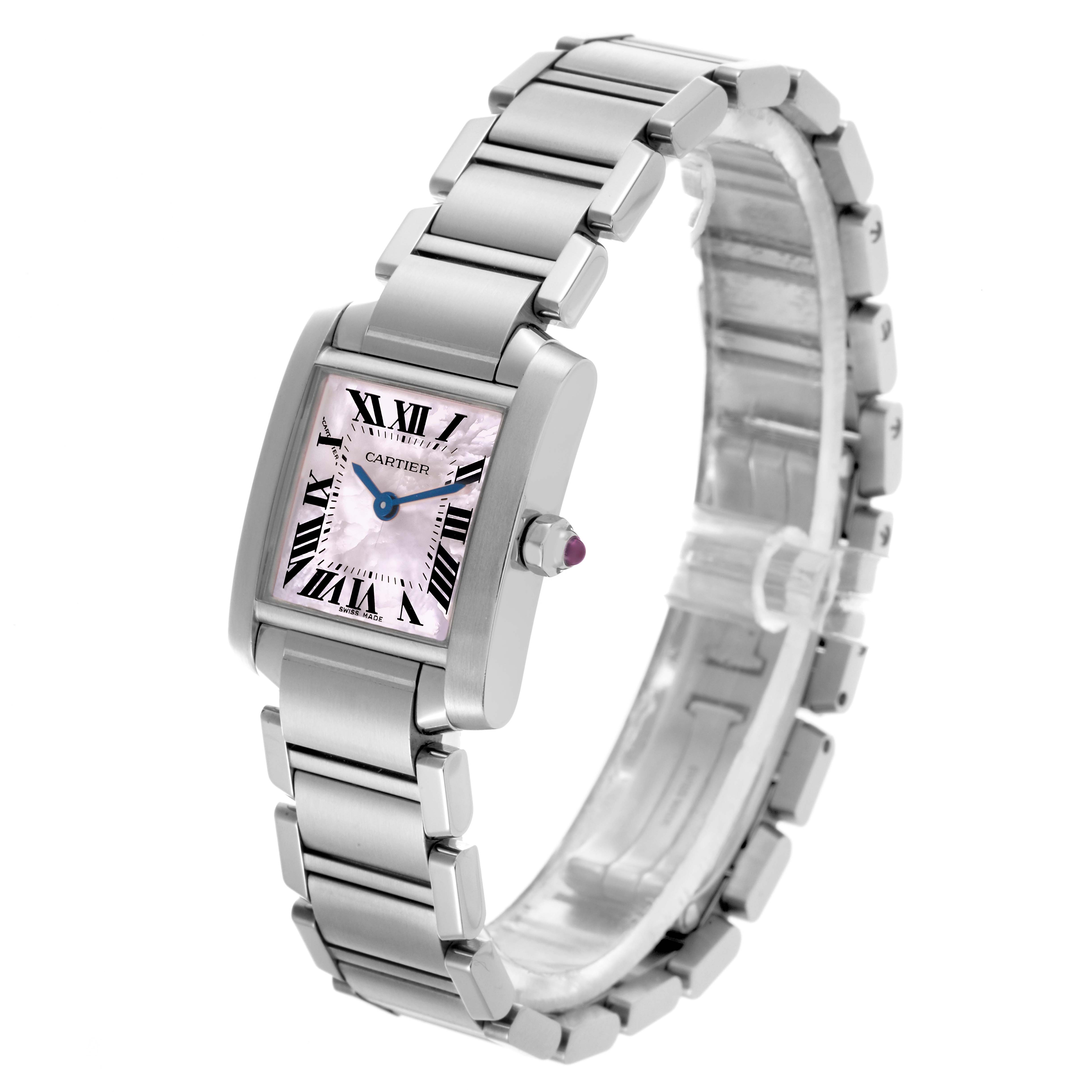 The Cartier Tank Française watch is shown in a three-quarter view, displaying its face, bracelet, and crown with a jewel accent.