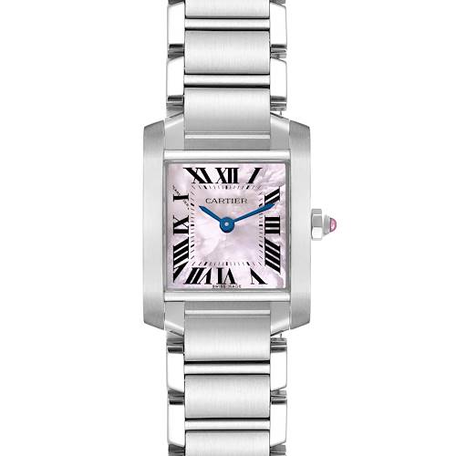 The Cartier Tank Française watch is shown from the front, displaying its square face, roman numerals, and metal bracelet.