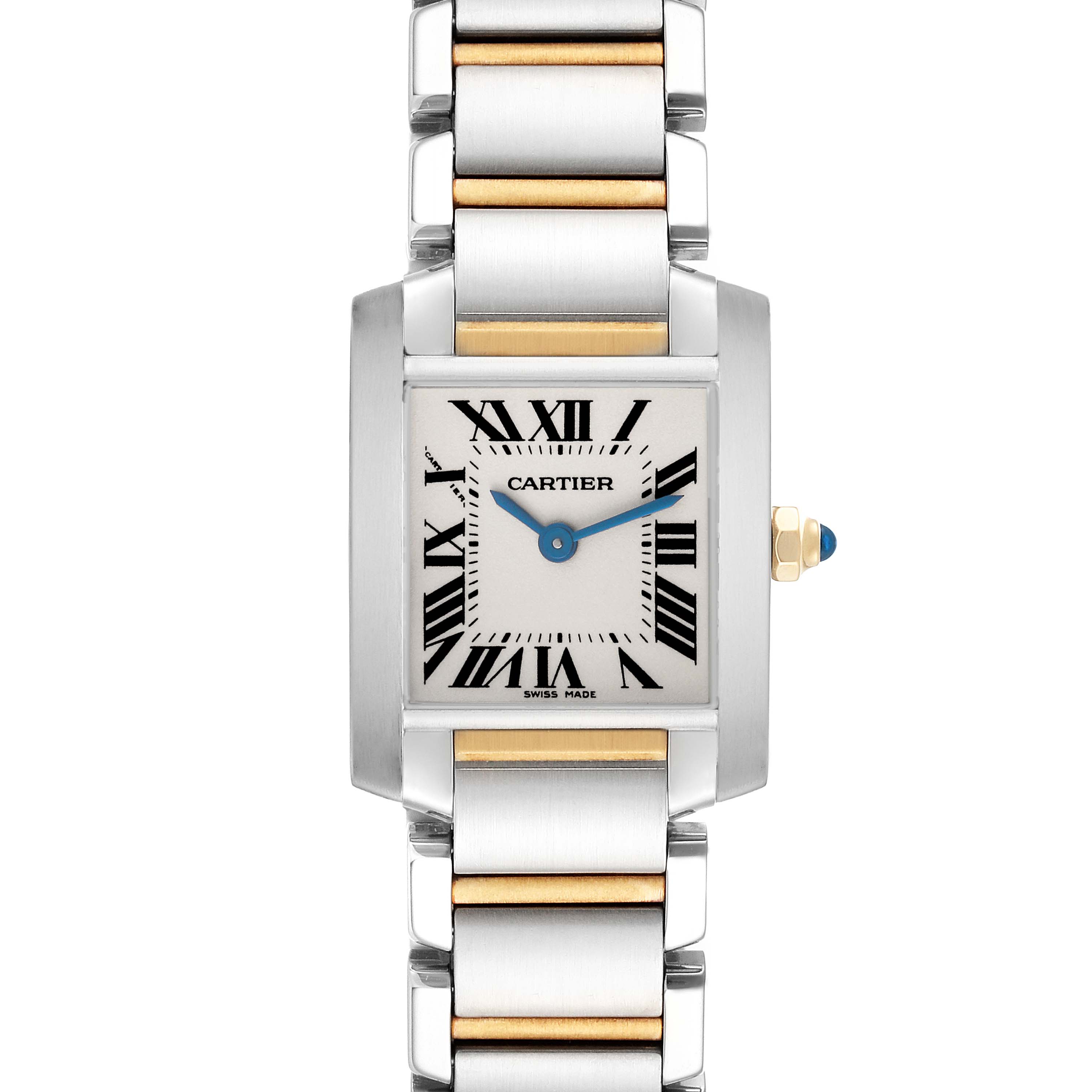 The Cartier Tank Francaise W51007Q4 Women's Steel and Gold (two tone) Silver Dial W51007Q4 Women's Steel and Gold (two tone) Silver Dial watch is shown from a front angle, highlighting the dial, hands, crown, and bracelet.