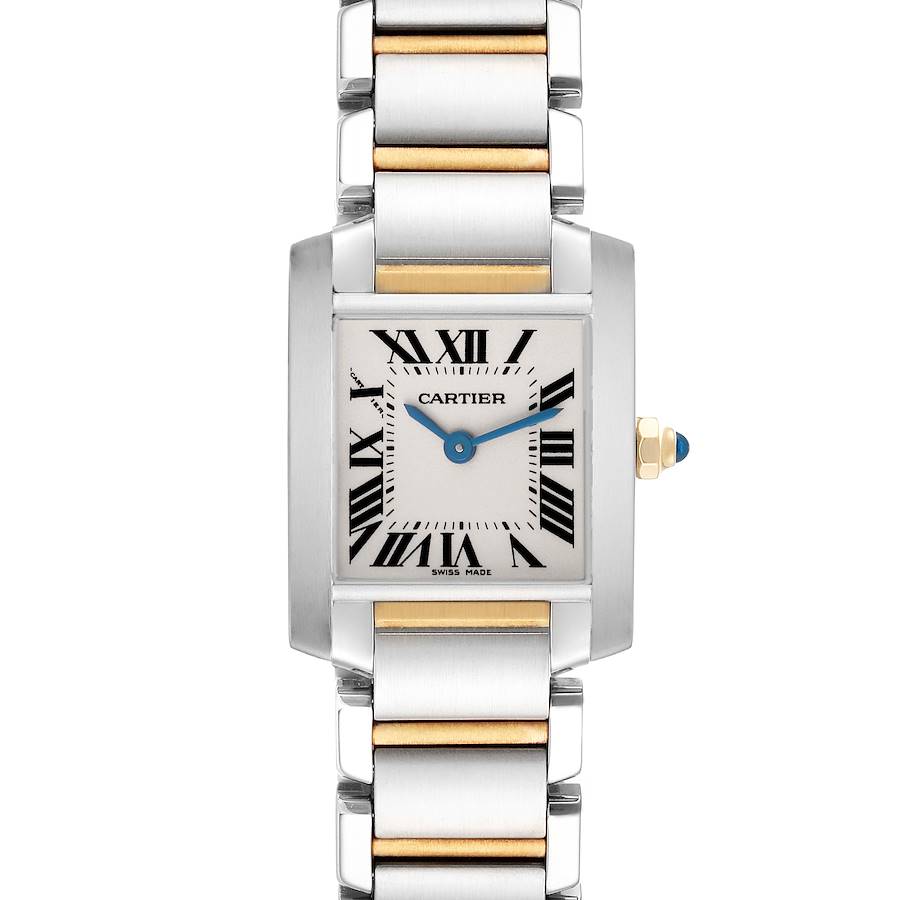 The Cartier Tank Francaise watch is shown from a front angle, highlighting the dial, hands, crown, and bracelet.