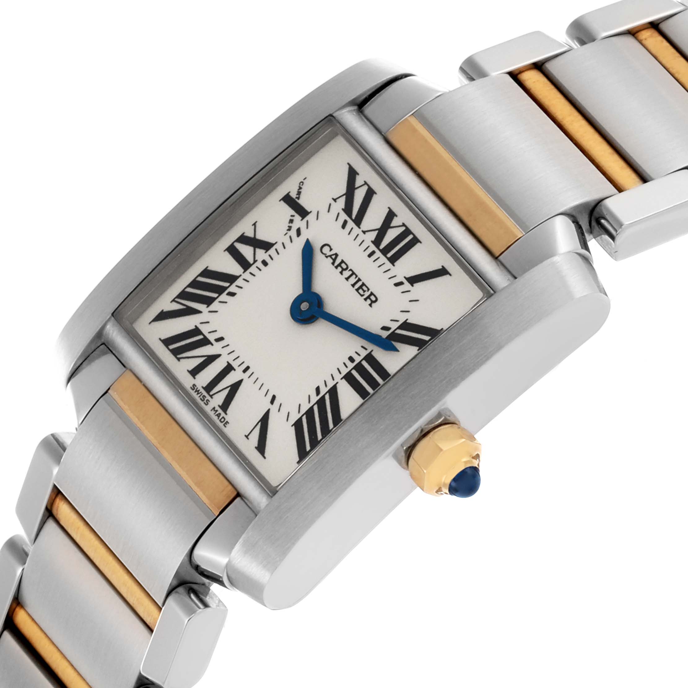 The Cartier Tank Française watch is shown at an angled view, highlighting its steel and gold case, bracelet, and crown.