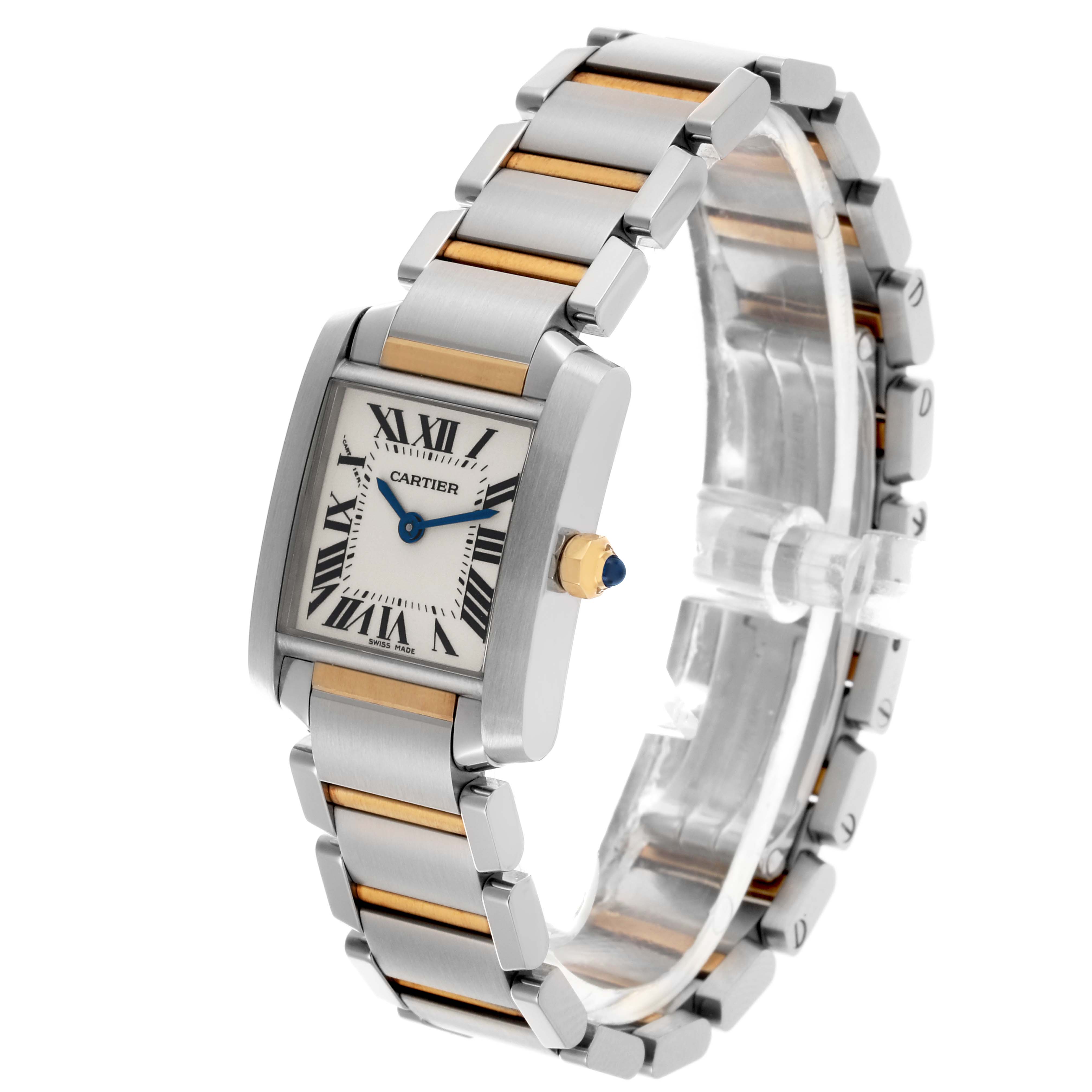 The Cartier Tank Francaise W51007Q4 Women's Steel and Gold (two tone) Silver Dial W51007Q4 Women's Steel and Gold (two tone) Silver Dial watch is shown at an angle highlighting the face, bracelet, and crown.
