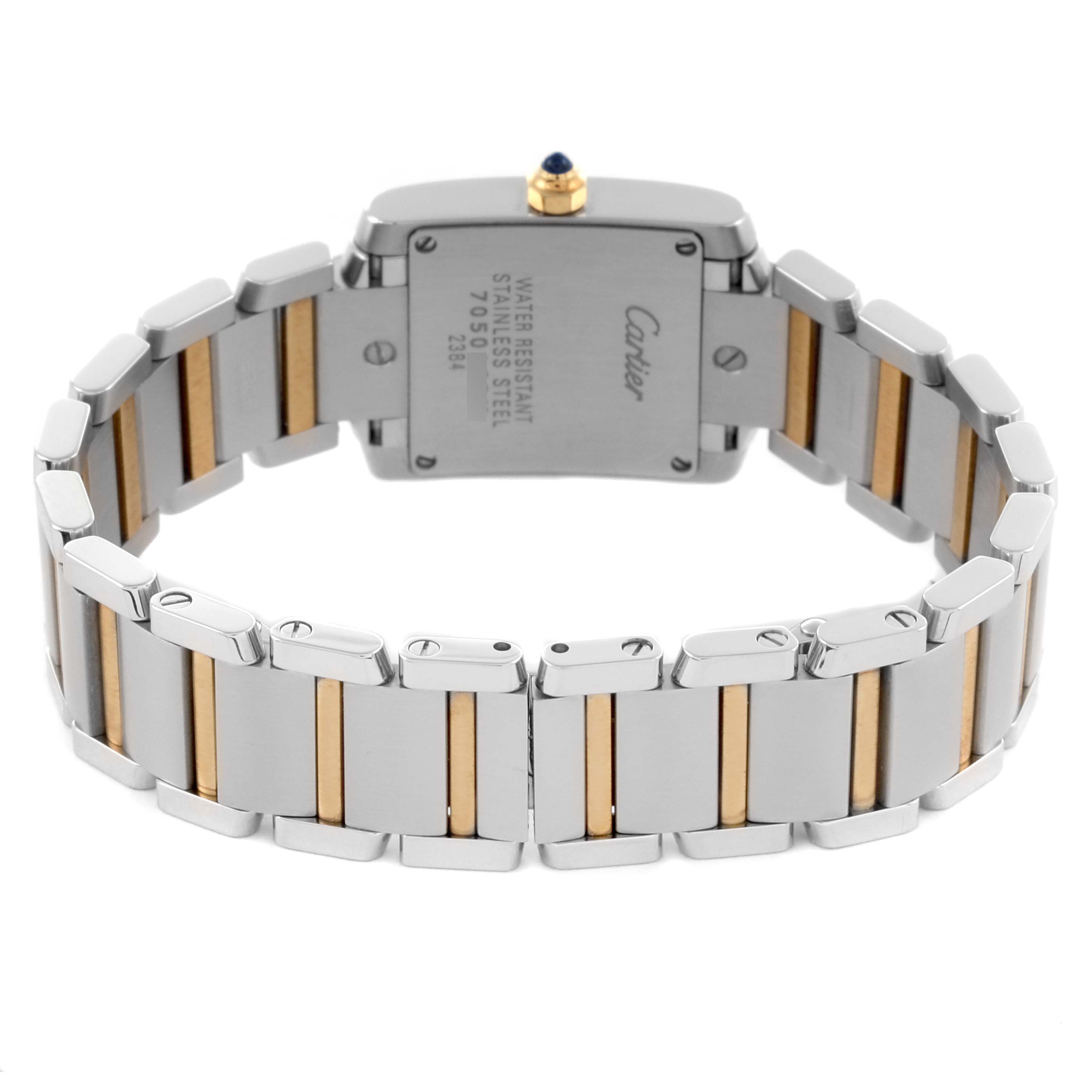 The image shows the back of the Cartier Tank Francaise W51007Q4 Women's Steel and Gold (two tone) Silver Dial W51007Q4 Women's Steel and Gold (two tone) Silver Dial watch, highlighting its bracelet and caseback details.