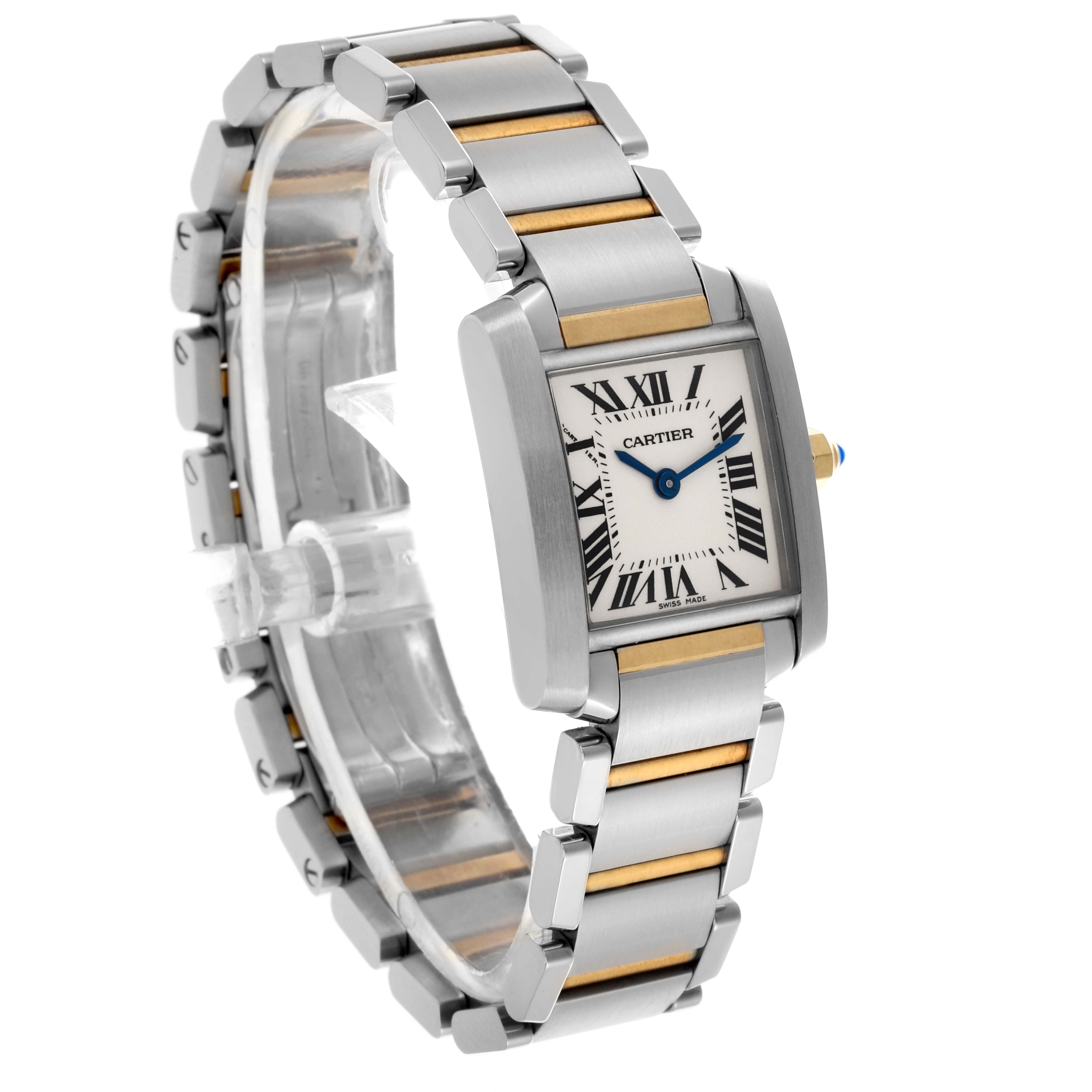 The Cartier Tank Francaise W51007Q4 Women's Steel and Gold (two tone) Silver Dial W51007Q4 Women's Steel and Gold (two tone) Silver Dial watch is shown at a three-quarter angle, highlighting the face, bezel, and part of the bracelet.