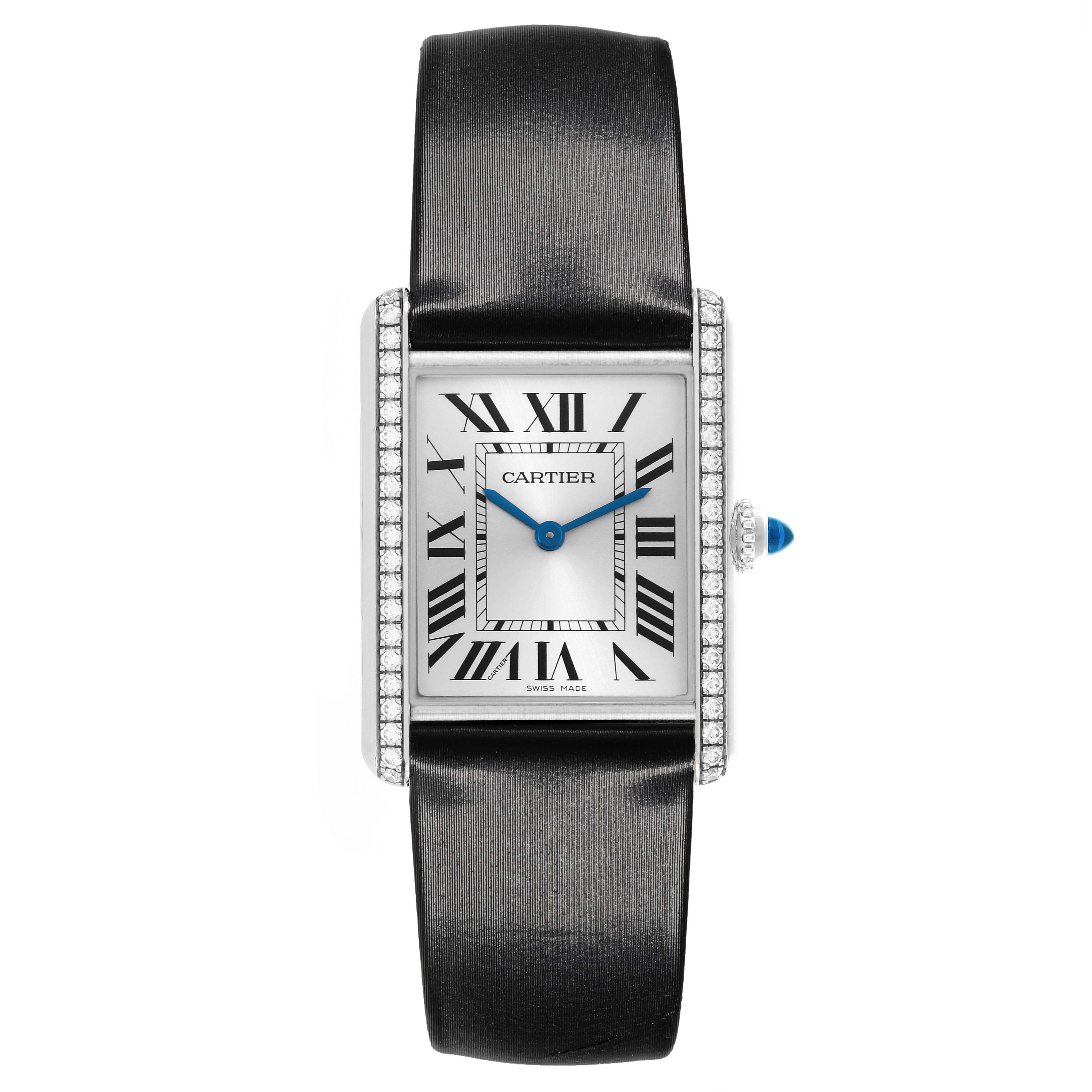 The Cartier Tank Must W4TA0017 Women
s Stainless Steel Silver Dial W4TA0017 Women
s Stainless Steel Silver Dial watch is shown from a top view, displaying its rectangular face, Roman numerals, and leather strap.