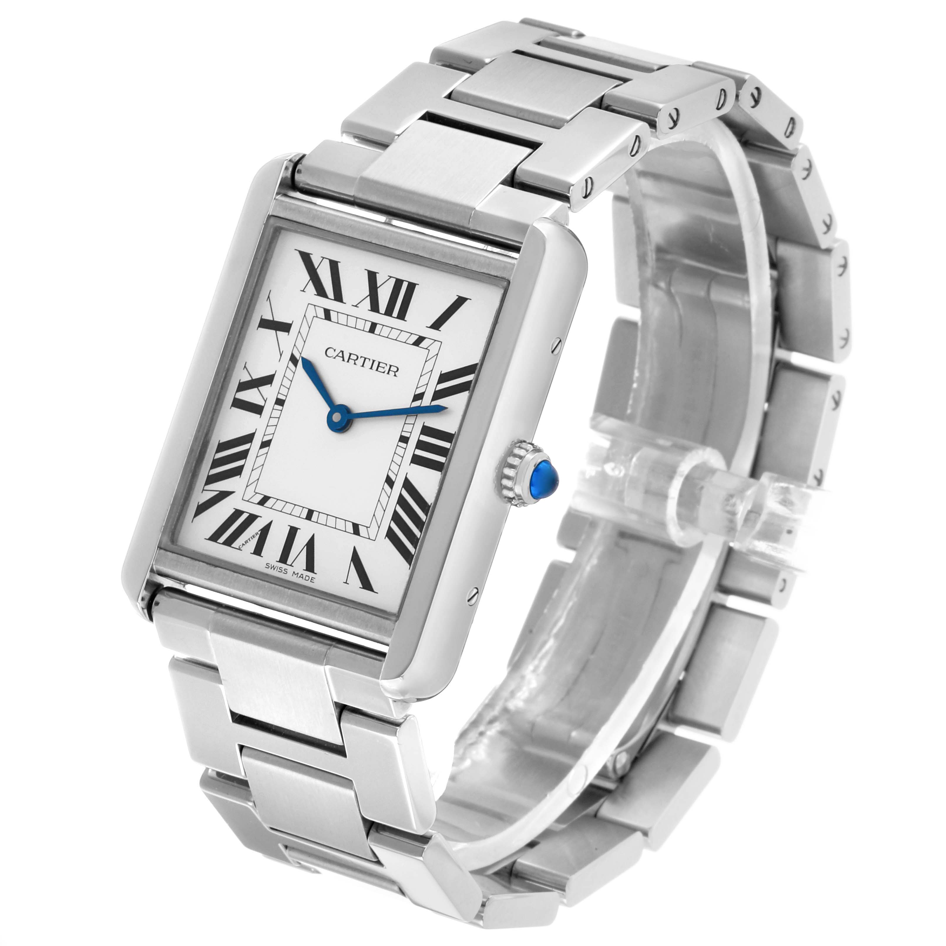 The Cartier Tank Solo W5200014 Men's Stainless Steel Silver Dial watch is shown at a three-quarter angle, highlighting its face, Roman numeral dial, hands, crown, and bracelet.