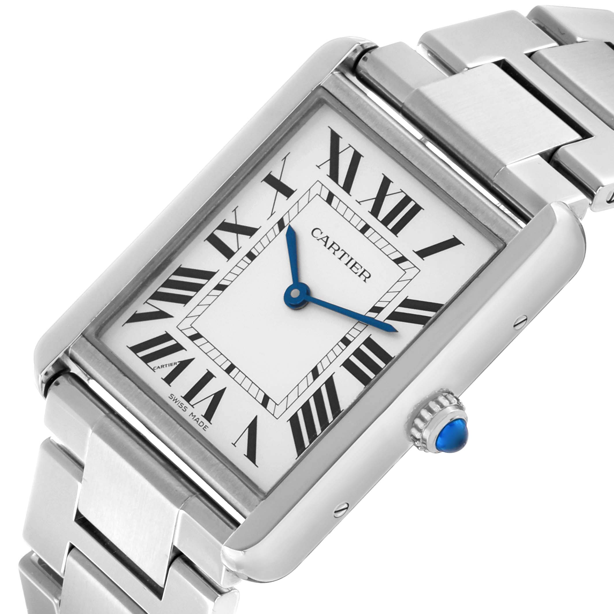 The Cartier Tank Solo W5200014 Men's Stainless Steel Silver Dial watch shown is angled to highlight its face, Roman numerals, blue hands, and metal bracelet.