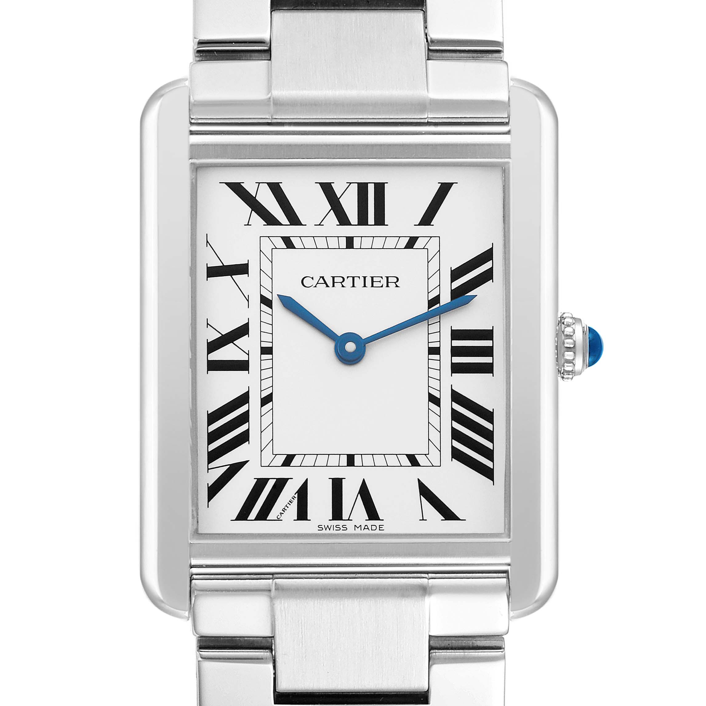 The Cartier Tank Solo W5200014 Men's Stainless Steel Silver Dial watch is shown from a straight-on angle, highlighting the dial, Roman numerals, blue hands, and part of the metal bracelet.
