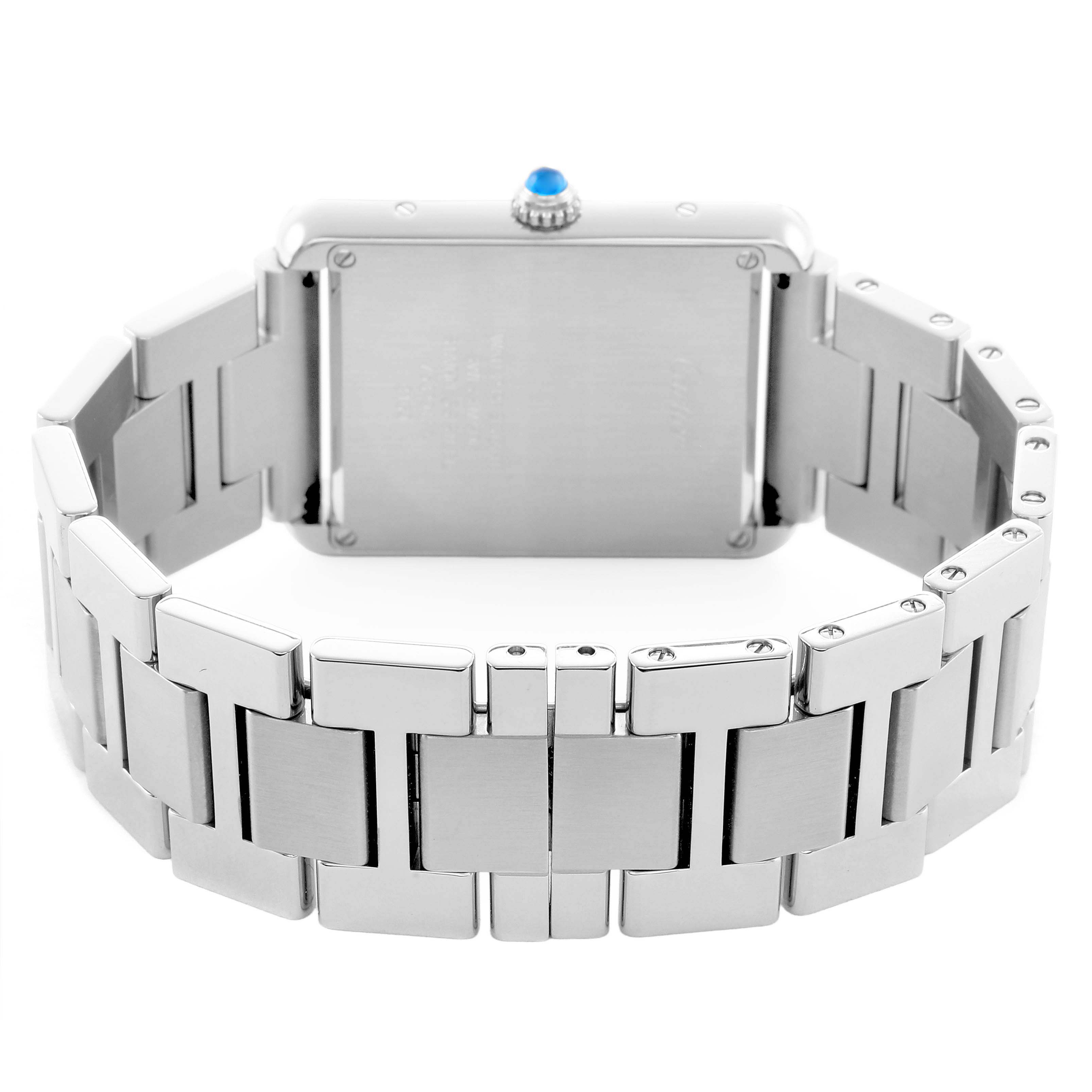 The image shows the back view of a Cartier Tank Solo W5200014 Men's Stainless Steel Silver Dial watch, highlighting the bracelet and case back.