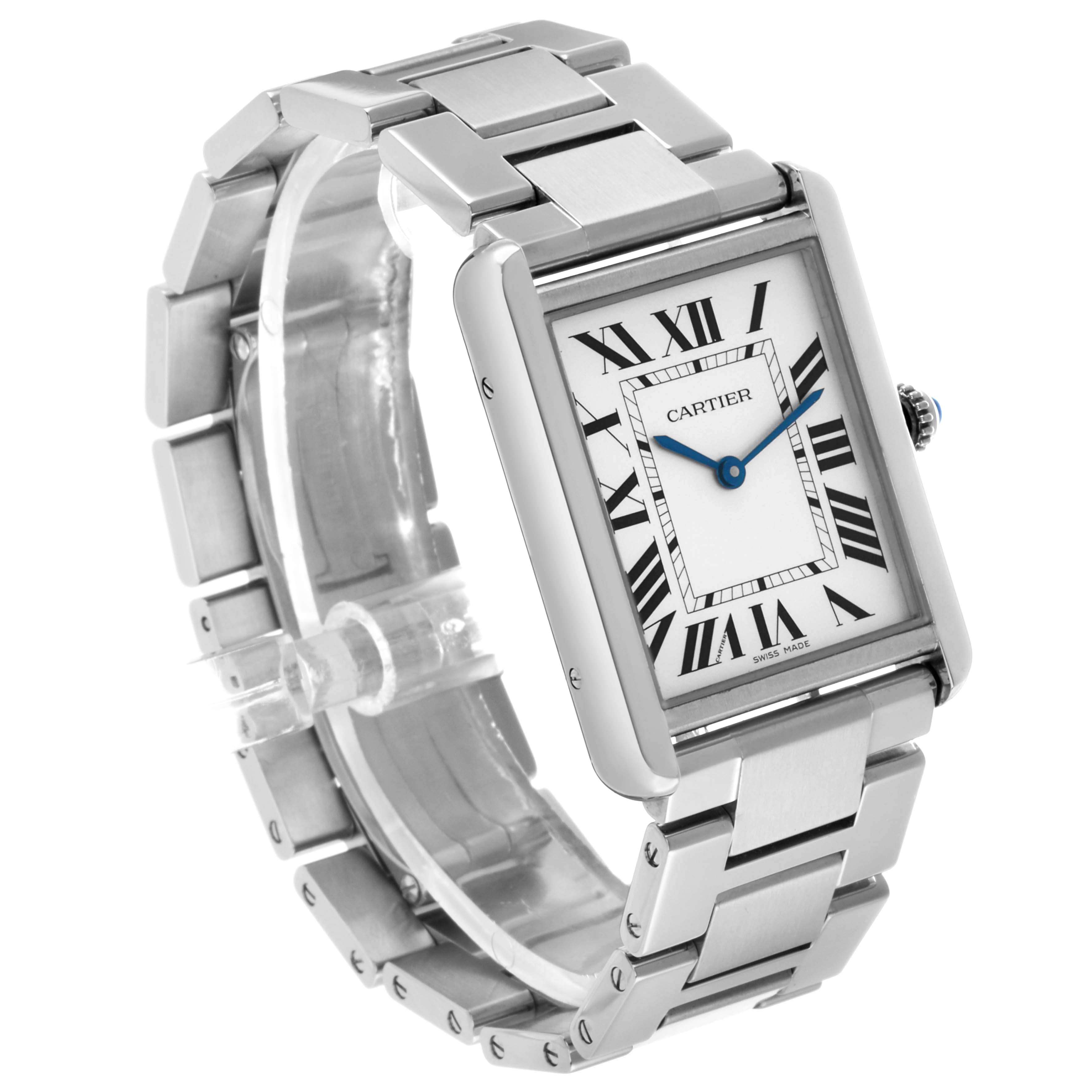 The Cartier Tank Solo W5200014 Men's Stainless Steel Silver Dial watch is shown at a three-quarter angle, highlighting its rectangular face, Roman numerals, and metal bracelet.