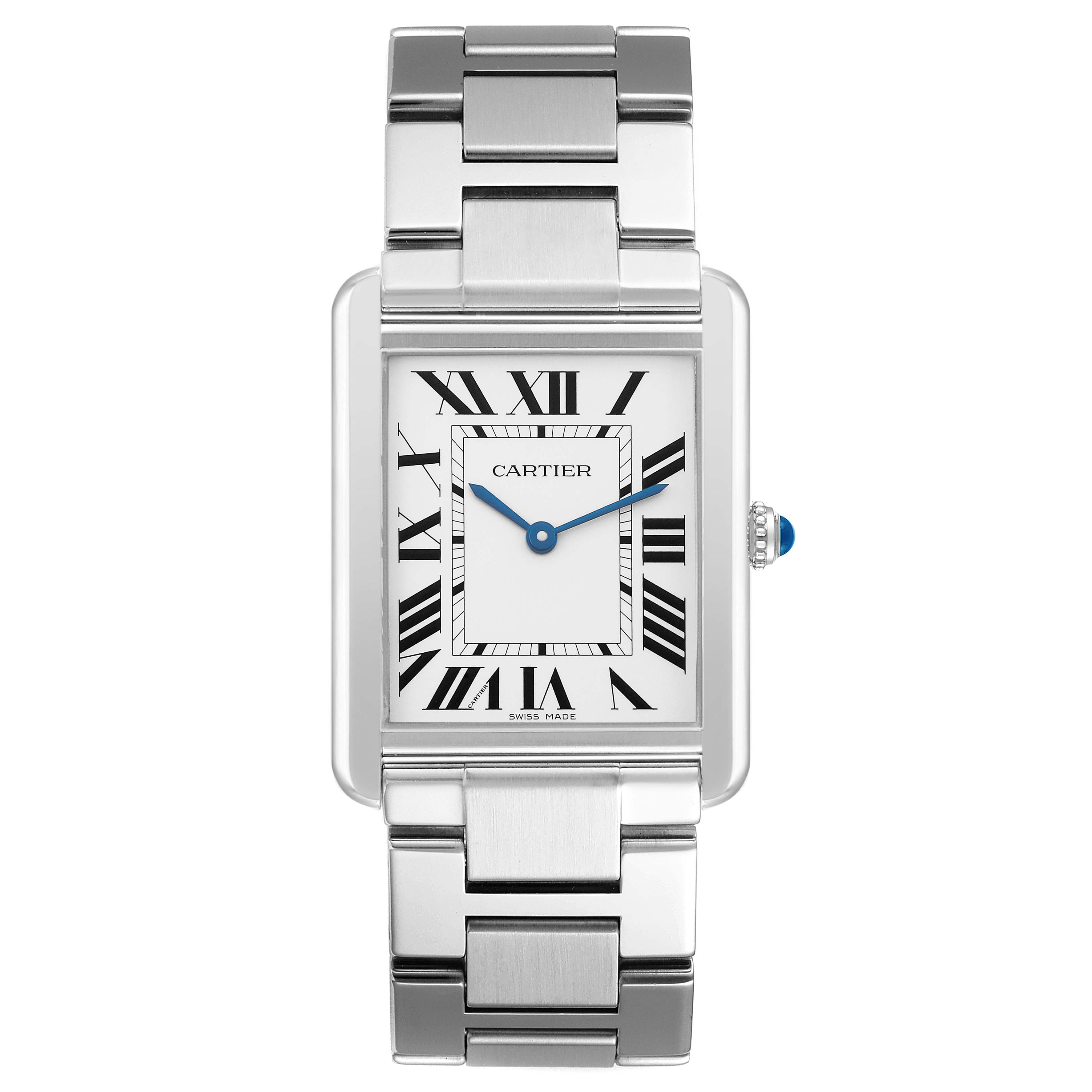 The Cartier Tank Solo W5200014 Men's Stainless Steel Silver Dial watch is shown from the front, displaying its rectangular case, dial with Roman numerals, and metal bracelet.