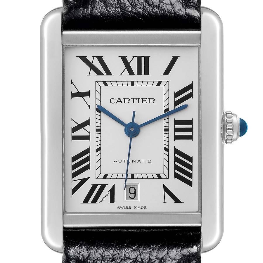 The Cartier Tank Solo watch shown is front-facing, highlighting its rectangular dial and crown.