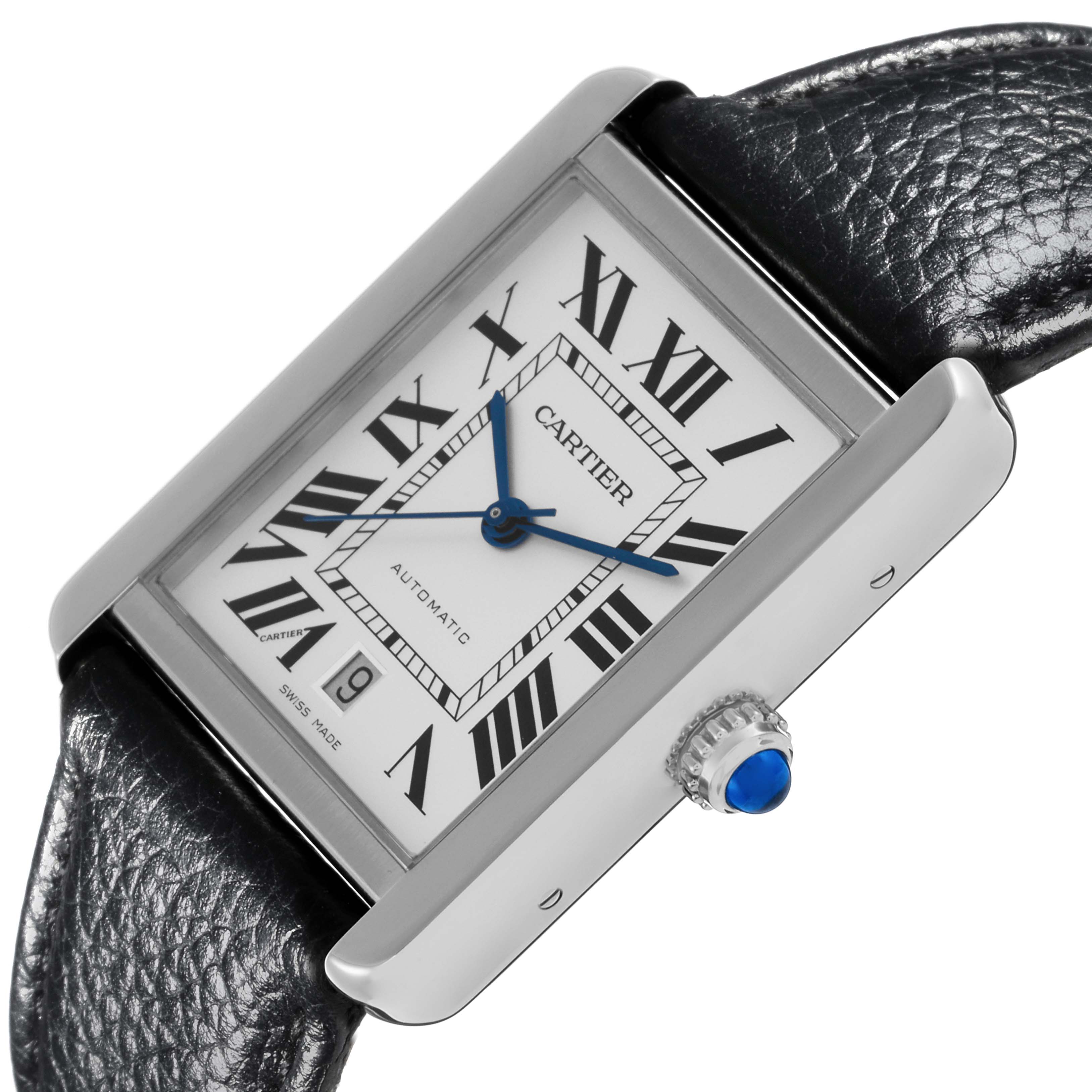 The image shows a Cartier Tank Solo W5200027 Men's Stainless Steel Silver Dial W5200027 Men's Stainless Steel Silver Dial watch from a front-top angle, highlighting the face, crown, and leather strap.