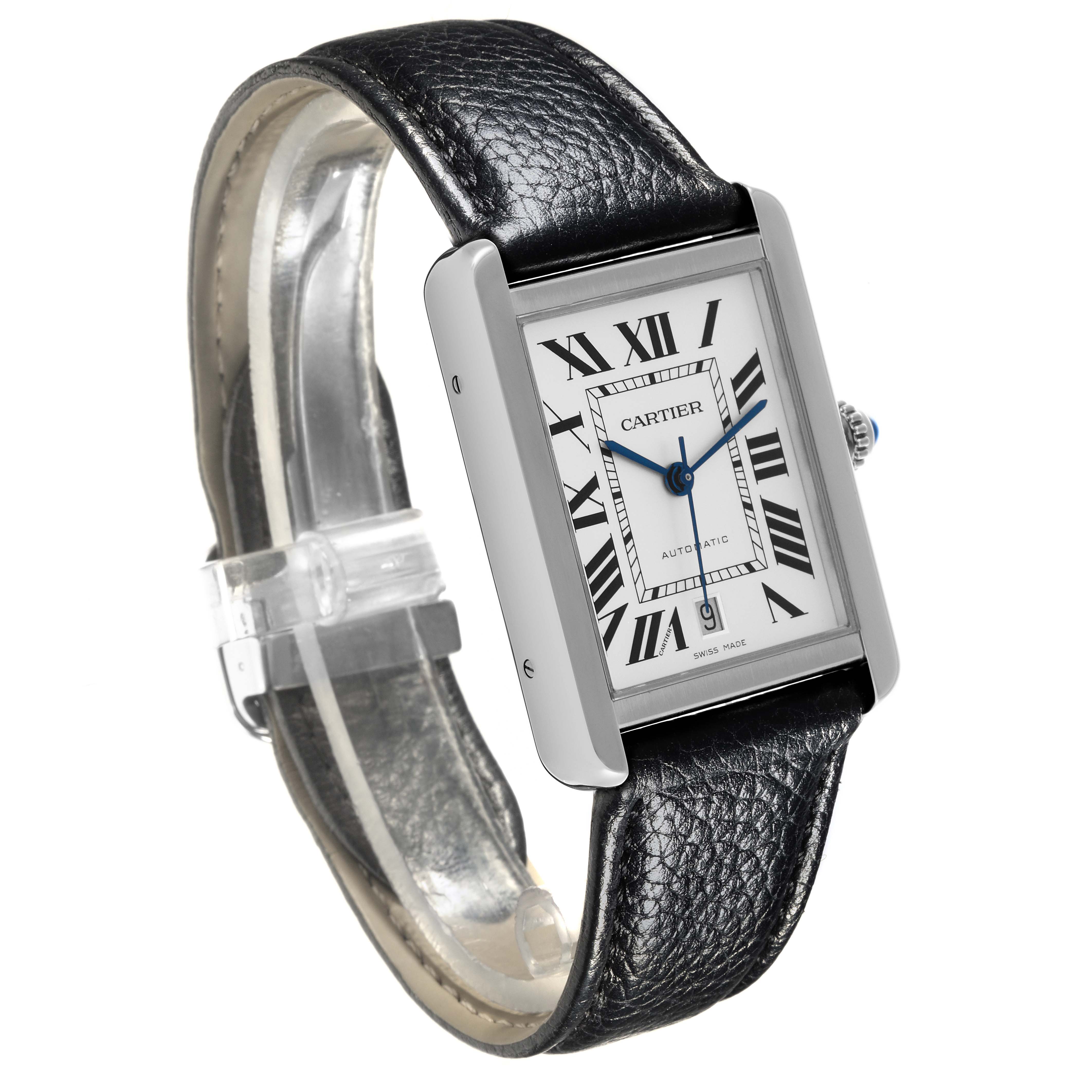 The Cartier Tank Solo W5200027 Men's Stainless Steel Silver Dial W5200027 Men's Stainless Steel Silver Dial watch is shown at a slight angle, featuring its rectangular case, dial, and leather strap.
