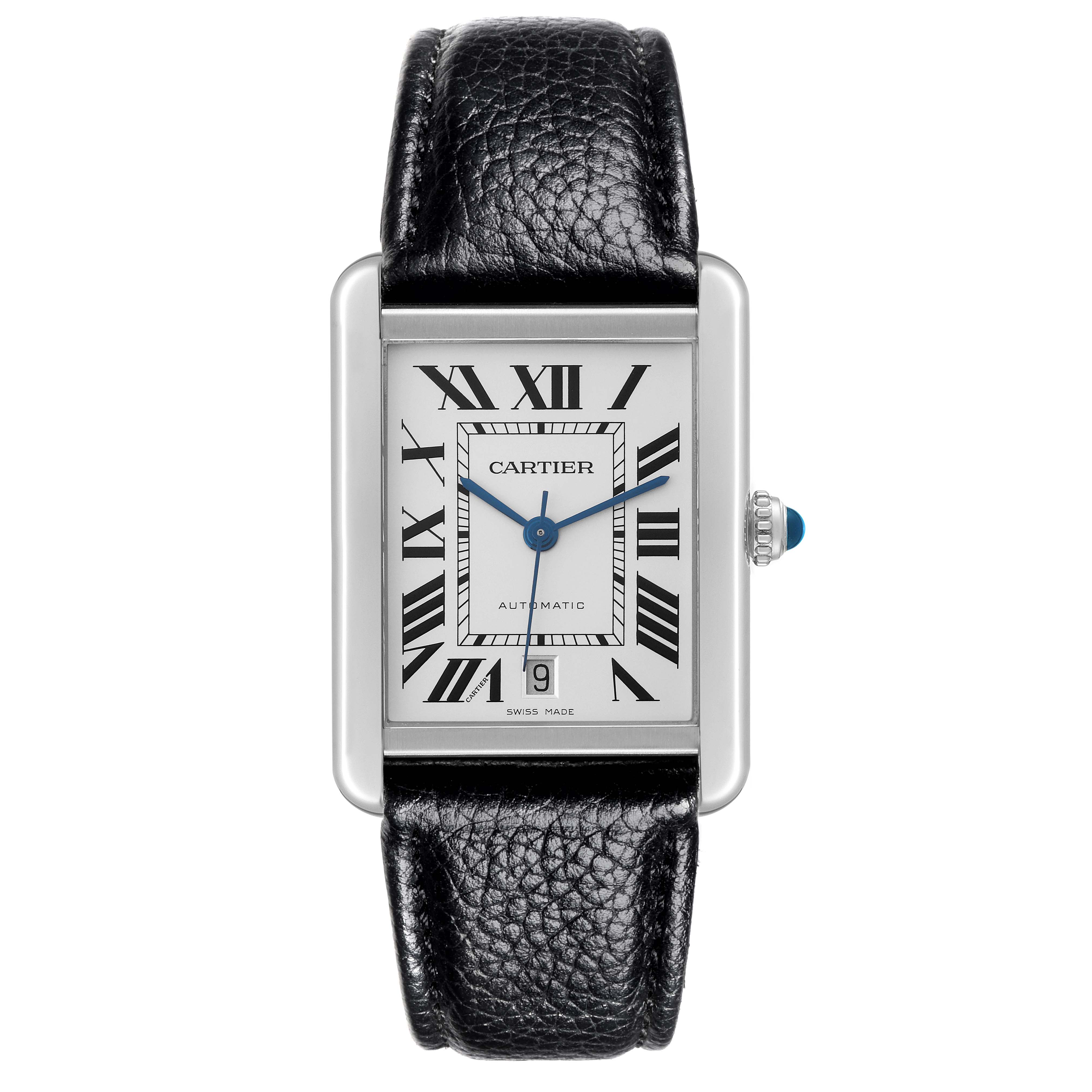The Cartier Tank Solo W5200027 Men's Stainless Steel Silver Dial W5200027 Men's Stainless Steel Silver Dial watch is shown from the front, displaying the dial, case, and leather strap.