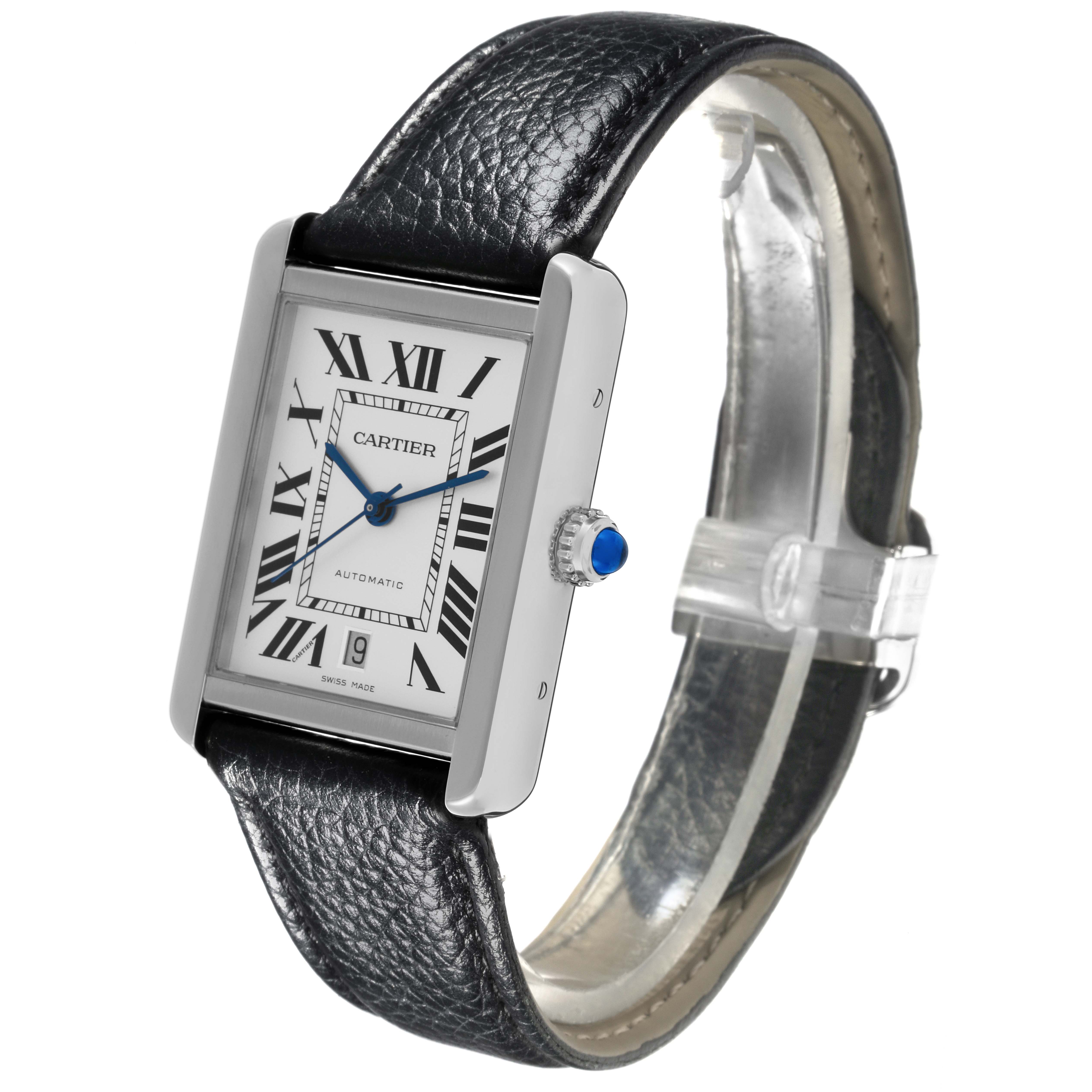 The Cartier Tank Solo W5200027 Men's Stainless Steel Silver Dial W5200027 Men's Stainless Steel Silver Dial watch is shown at a slight angle, highlighting the face, crown, and leather strap.