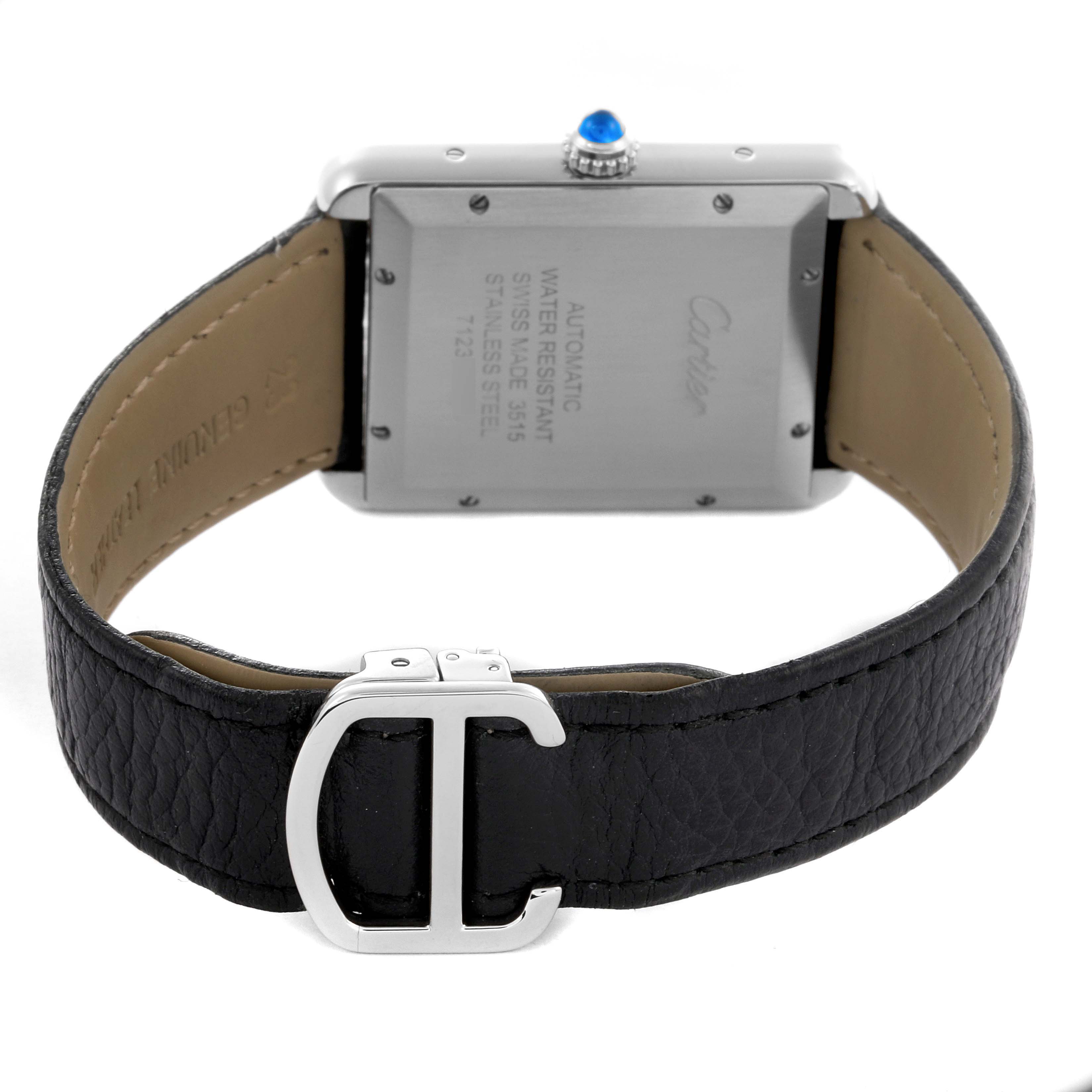 The Cartier Tank Solo W5200027 Men's Stainless Steel Silver Dial W5200027 Men's Stainless Steel Silver Dial watch is shown from the back, highlighting the caseback and leather strap with a visible buckle.