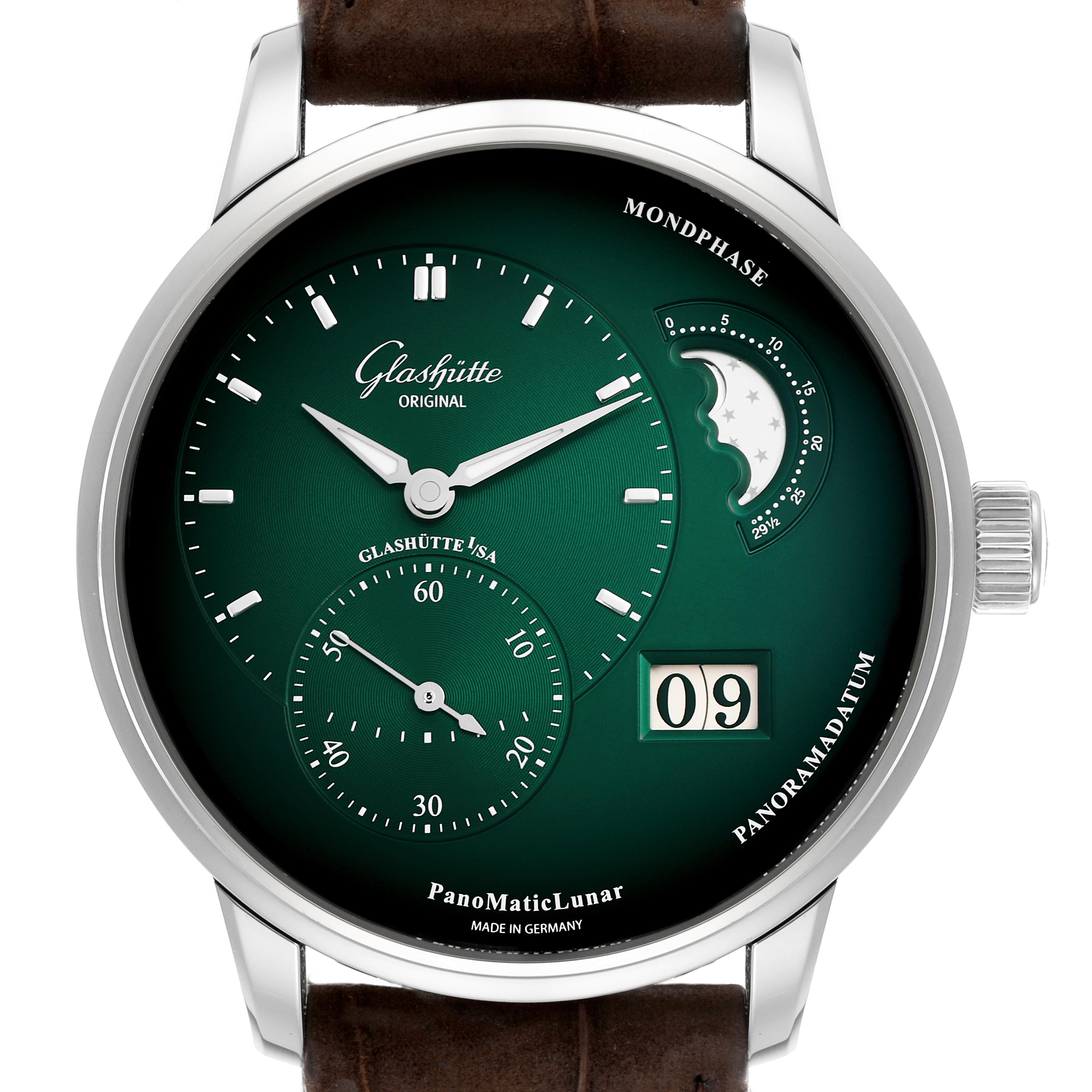 This Glashütte PanoMaticLunar watch is shown from a front angle, highlighting its green dial, moon phase, and date display.