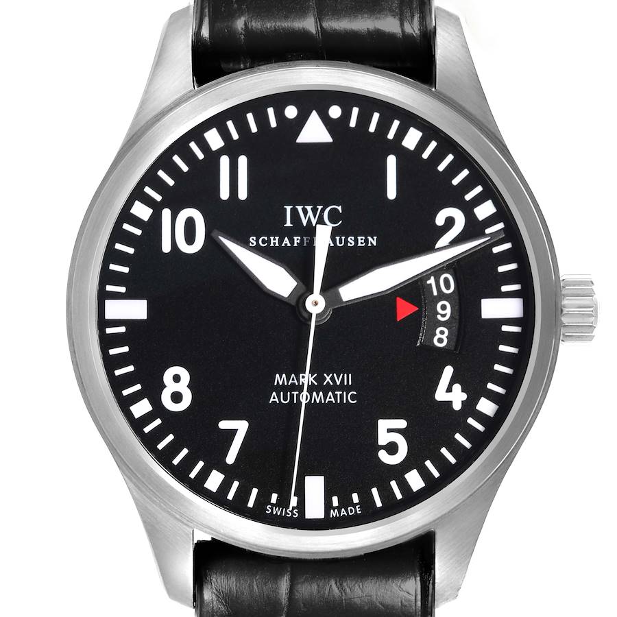 The IWC Pilot Mark XVII watch is shown from the front, highlighting the dial, hands, crown, and leather strap.