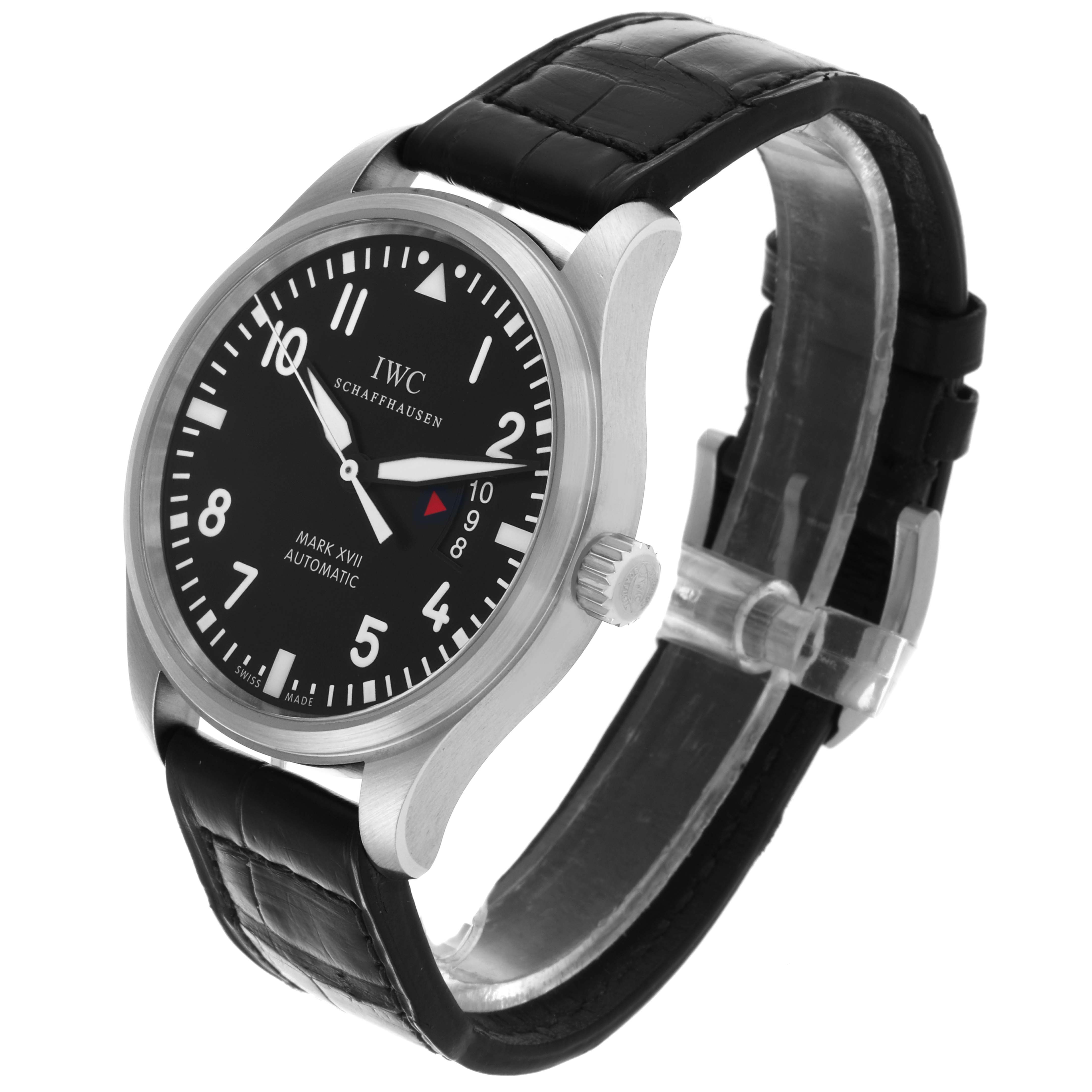 The IWC Pilot IW326501 Men's Stainless Steel Black Dial IW326501 Men's Stainless Steel Black Dial Mark XVII watch is shown at a slightly tilted side angle, displaying the face, case, crown, and strap.