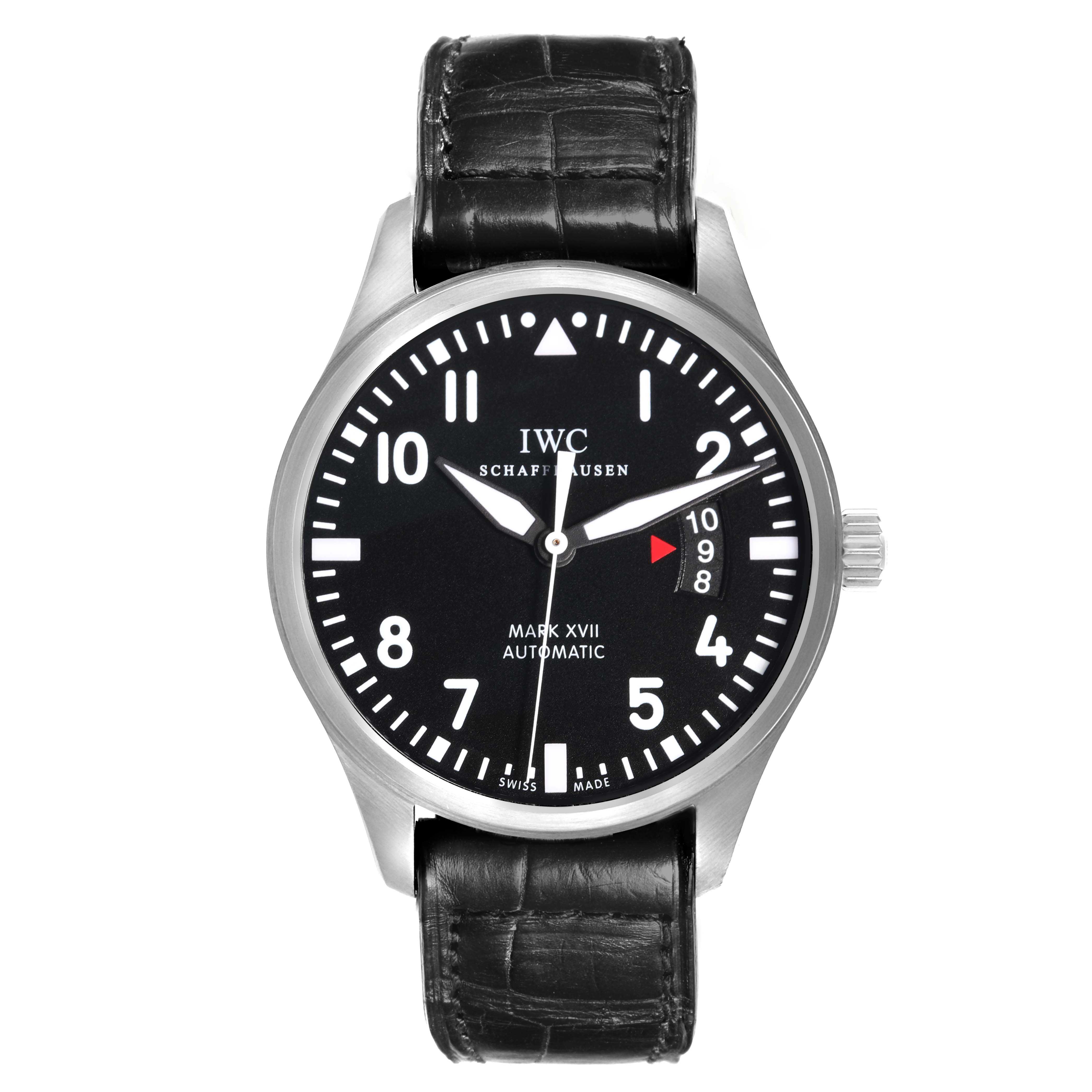 The IWC Pilot IW326501 Men's Stainless Steel Black Dial IW326501 Men's Stainless Steel Black Dial watch is shown from a top view, featuring a black dial, white numerals, and a black leather strap.