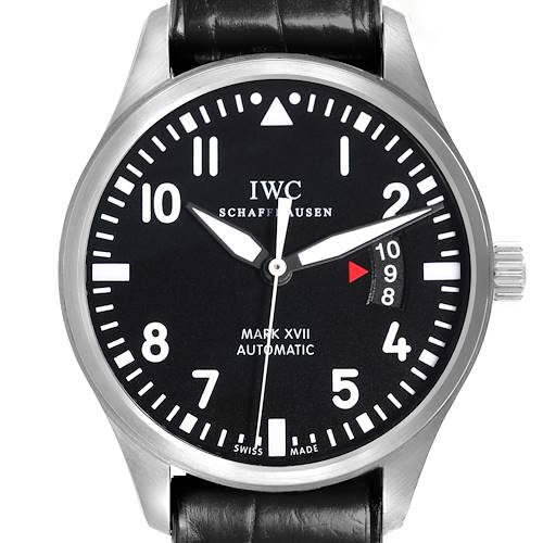 The IWC Pilot Mark XVII watch is shown from a frontal angle, displaying its dial, casing, and partial strap.