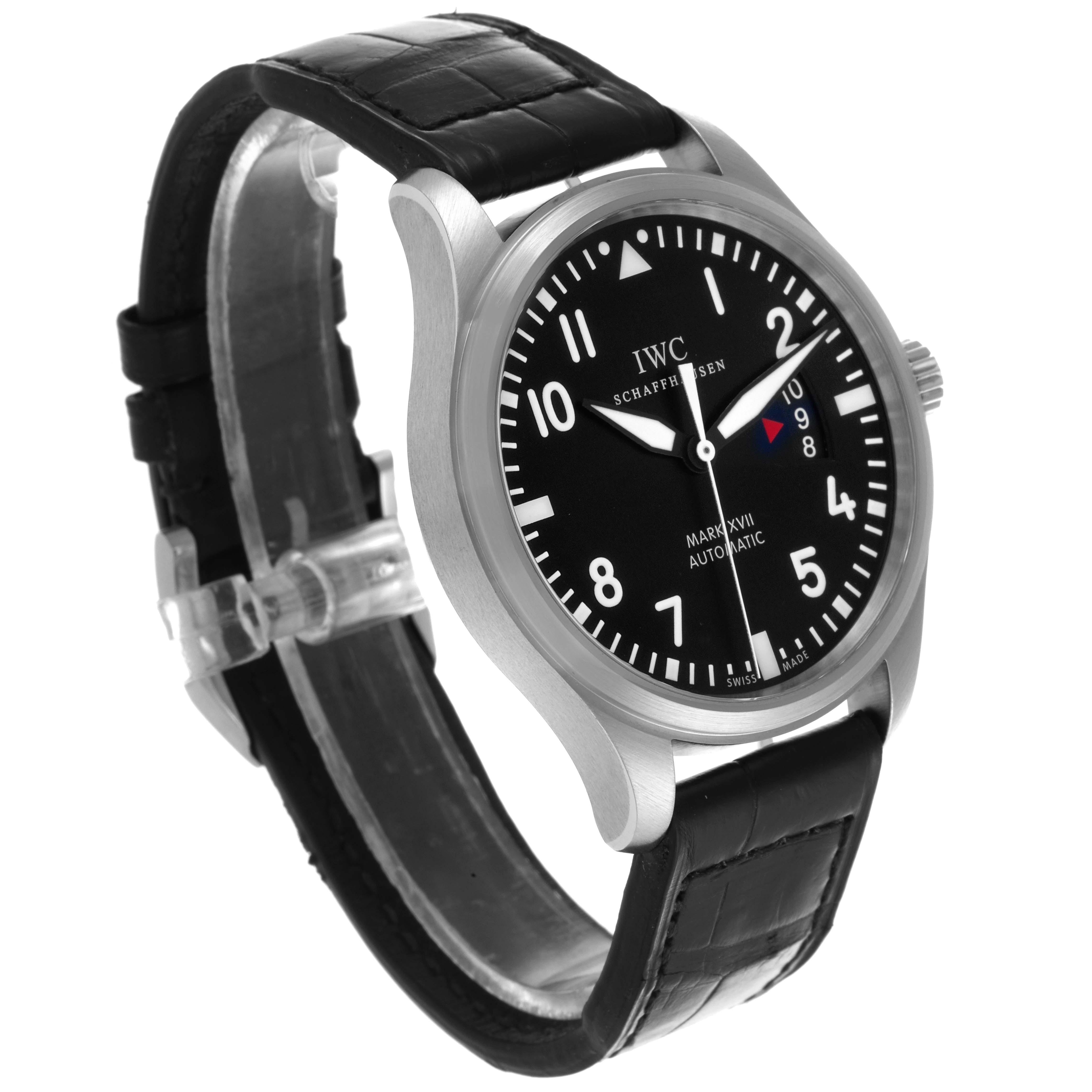 The IWC Pilot IW326501 Men's Stainless Steel Black Dial IW326501 Men's Stainless Steel Black Dial watch is shown at a three-quarter angle, highlighting the face, bezel, and strap.
