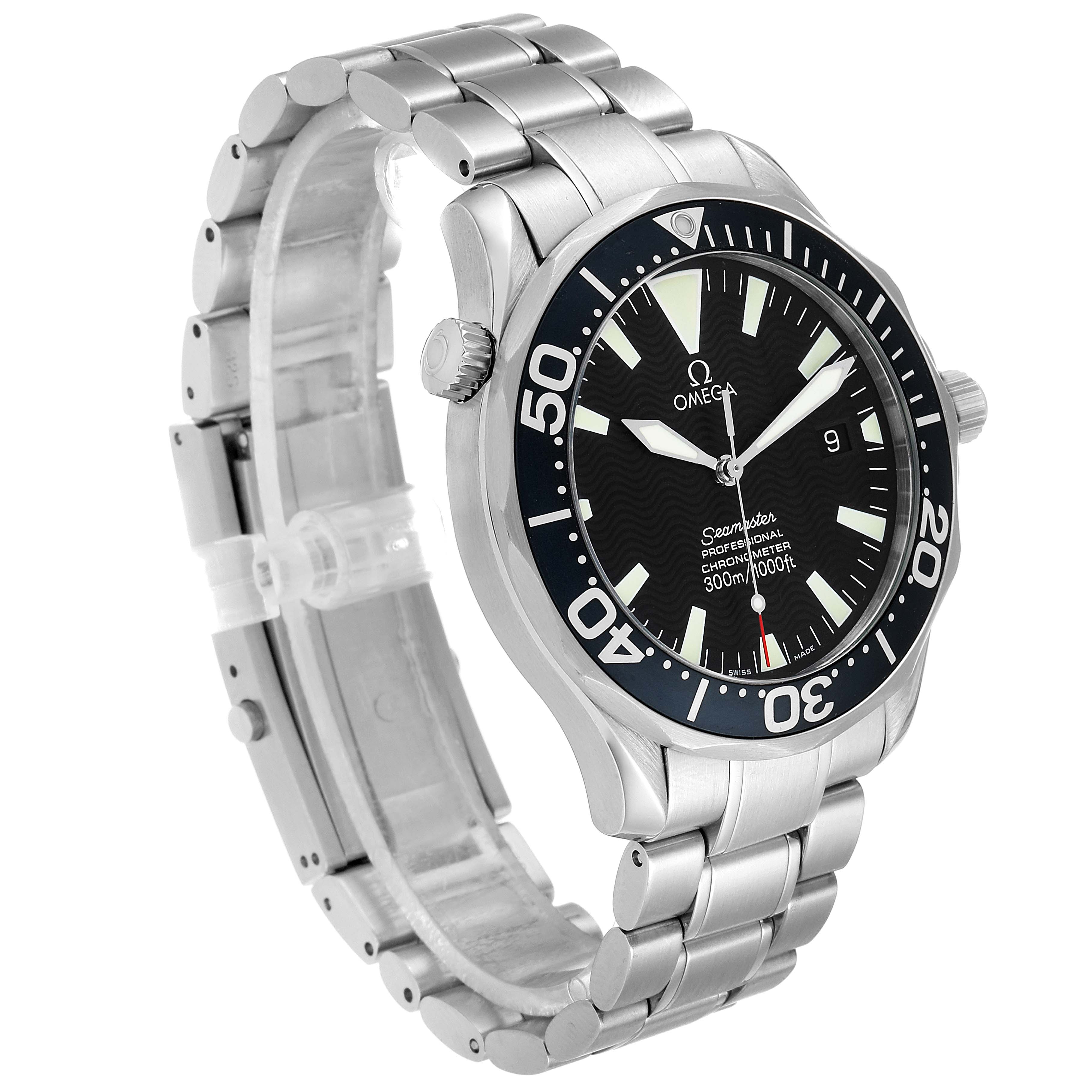 The image shows a semi-angled view of an Omega Seamaster 2254.50.00 Men's Stainless Steel Black Dial 2254.50.00 Men's Stainless Steel Black Dial watch, highlighting its face, bezel, crown, and metal bracelet.