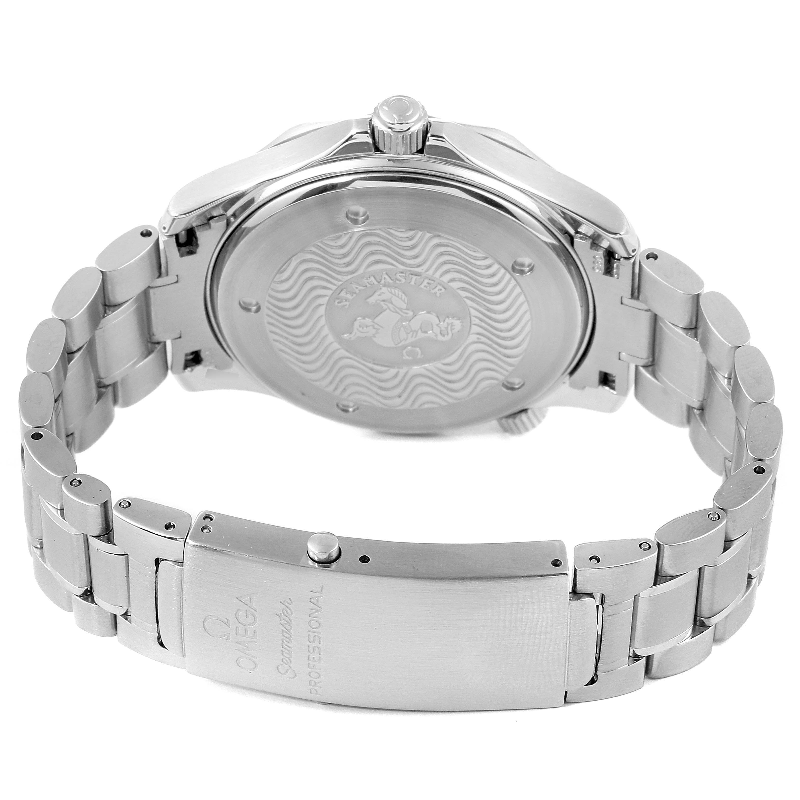 This image shows the back view of the Omega Seamaster 2254.50.00 Men's Stainless Steel Black Dial 2254.50.00 Men's Stainless Steel Black Dial watch, focusing on the case back and stainless steel bracelet clasp.