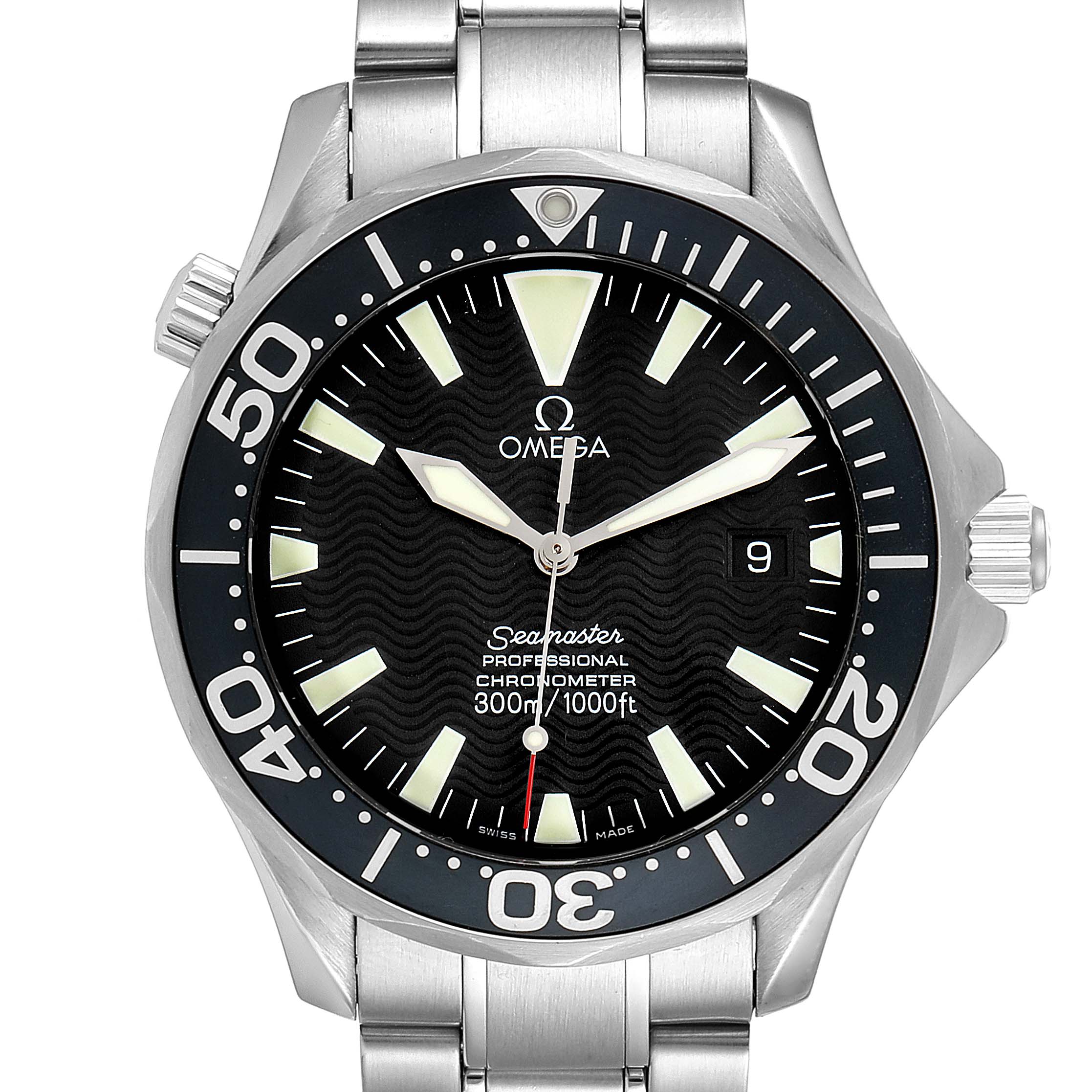 The image shows a front view of the Omega Seamaster 2254.50.00 Men's Stainless Steel Black Dial 2254.50.00 Men's Stainless Steel Black Dial watch, featuring the face, bezel, crown, and part of the stainless steel bracelet.