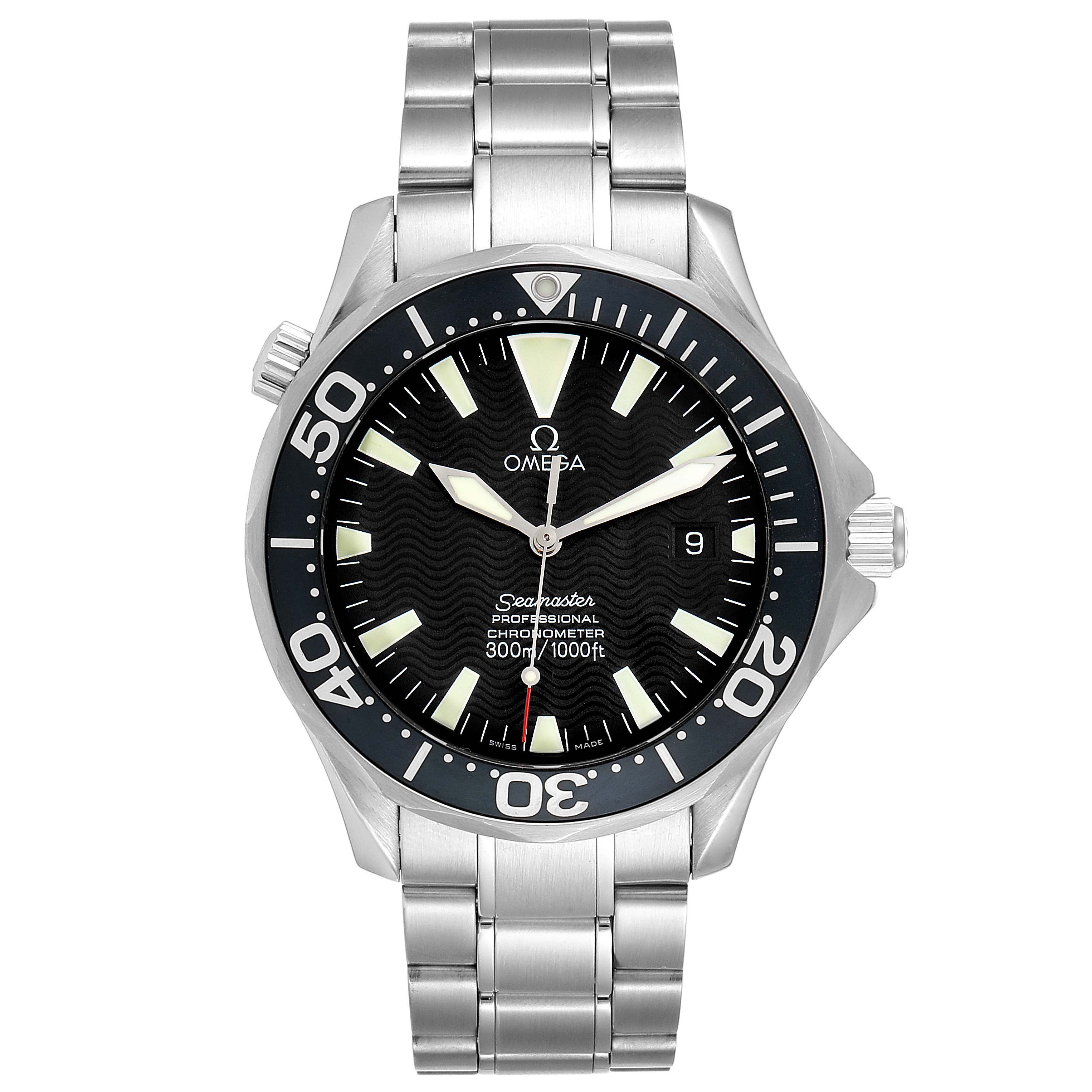 The image shows a front view of an Omega Seamaster 2254.50.00 Men's Stainless Steel Black Dial 2254.50.00 Men's Stainless Steel Black Dial watch, displaying the face, bezel, and stainless steel bracelet.