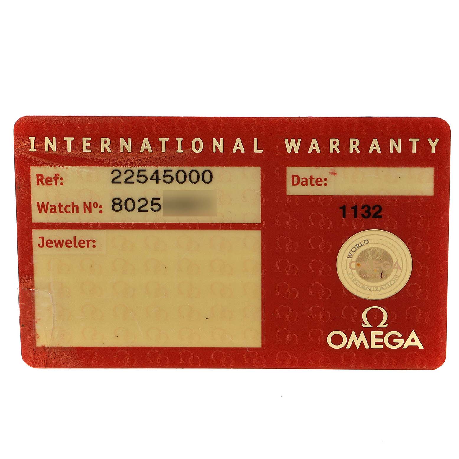 The image shows the front side of the international warranty card for an Omega Seamaster 2254.50.00 Men's Stainless Steel Black Dial 2254.50.00 Men's Stainless Steel Black Dial model.